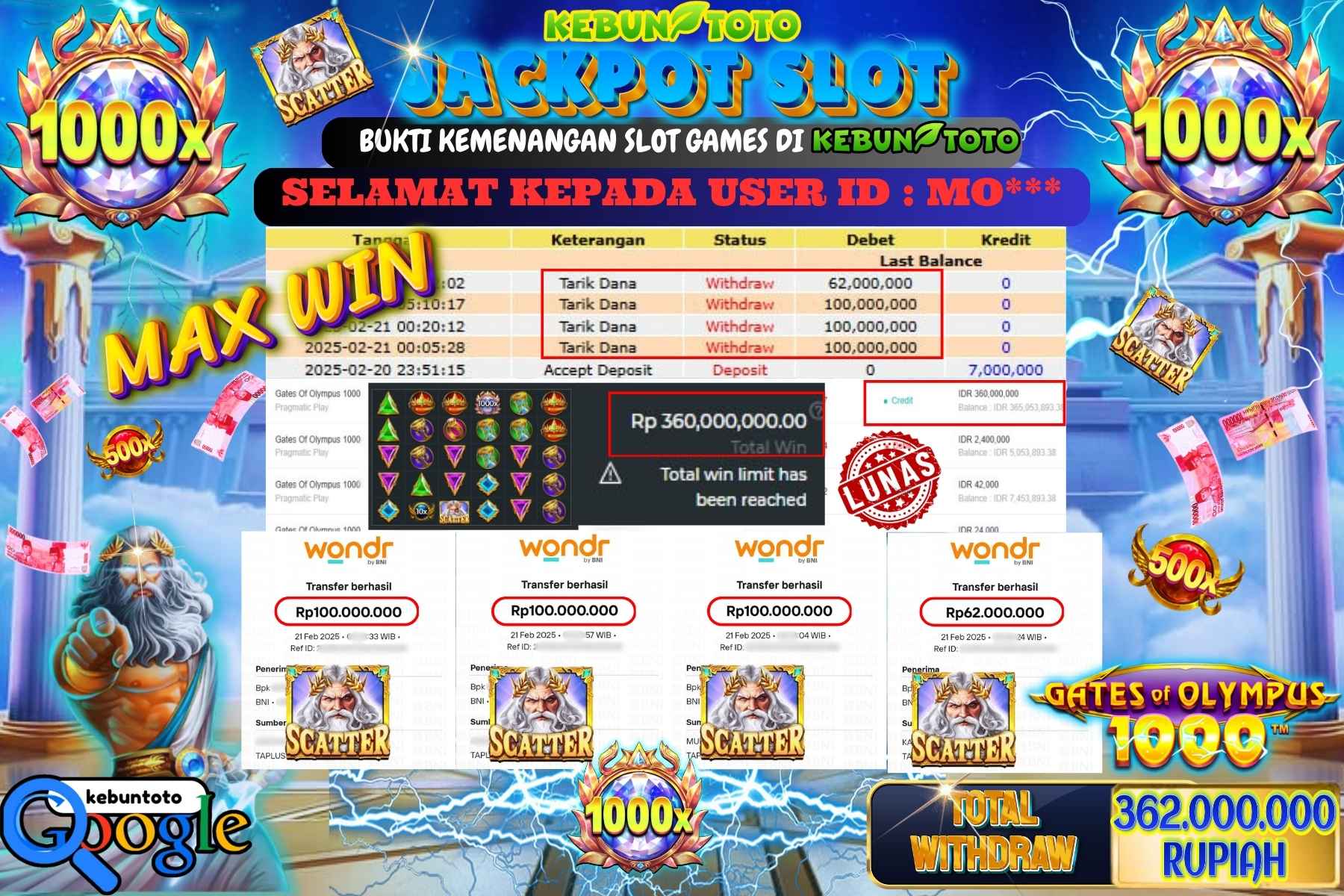KEBUNTOTO MEGA JACKPOT MAXWIN SLOT GATES OF OLYMPUS 1000 Sebesar Rp 362.000.000,- LUNAS