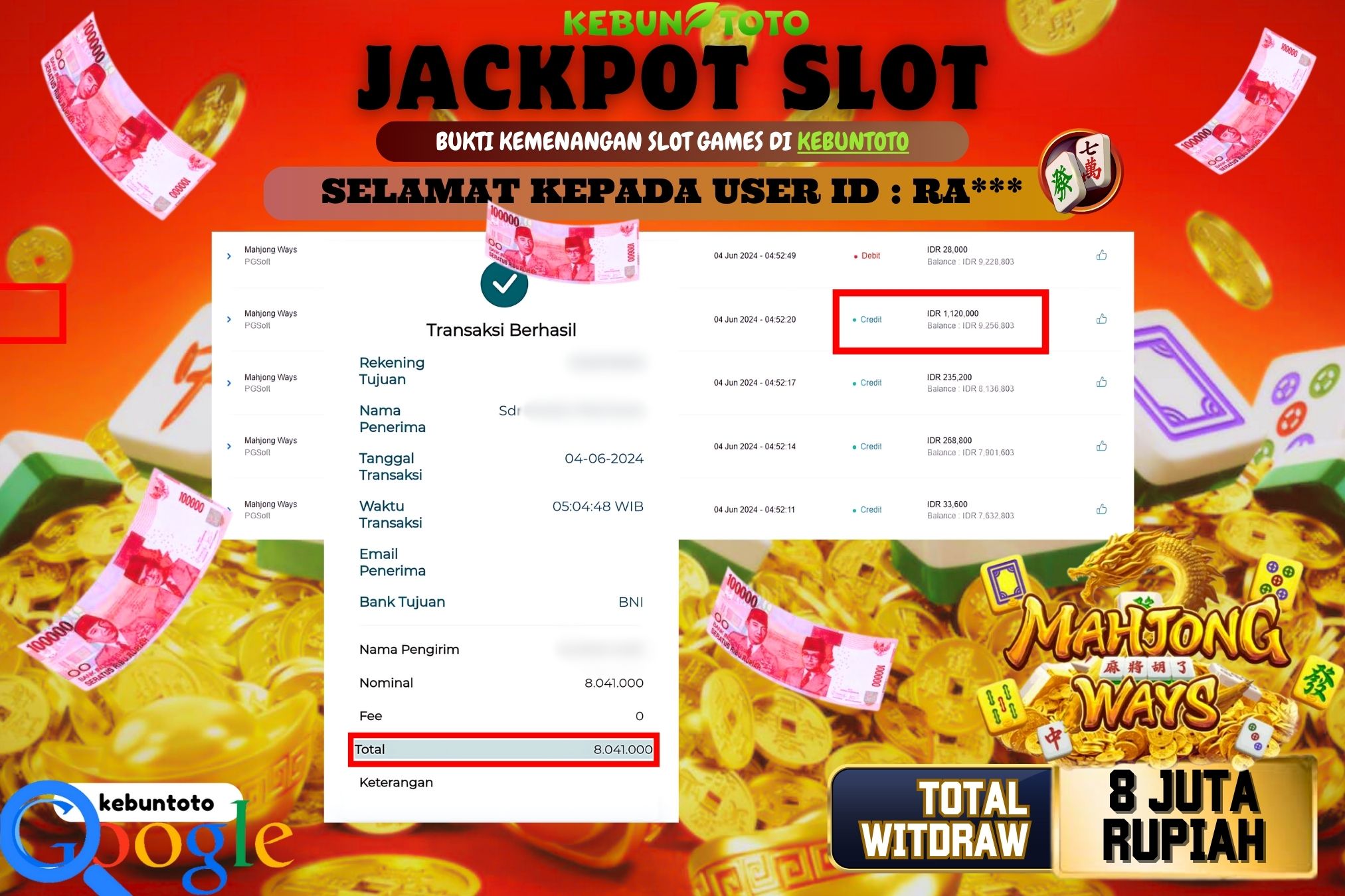 KEBUNTOTO JACKPOT SLOT MAHJONG WAYS Rp.8.041.000,- LUNAS