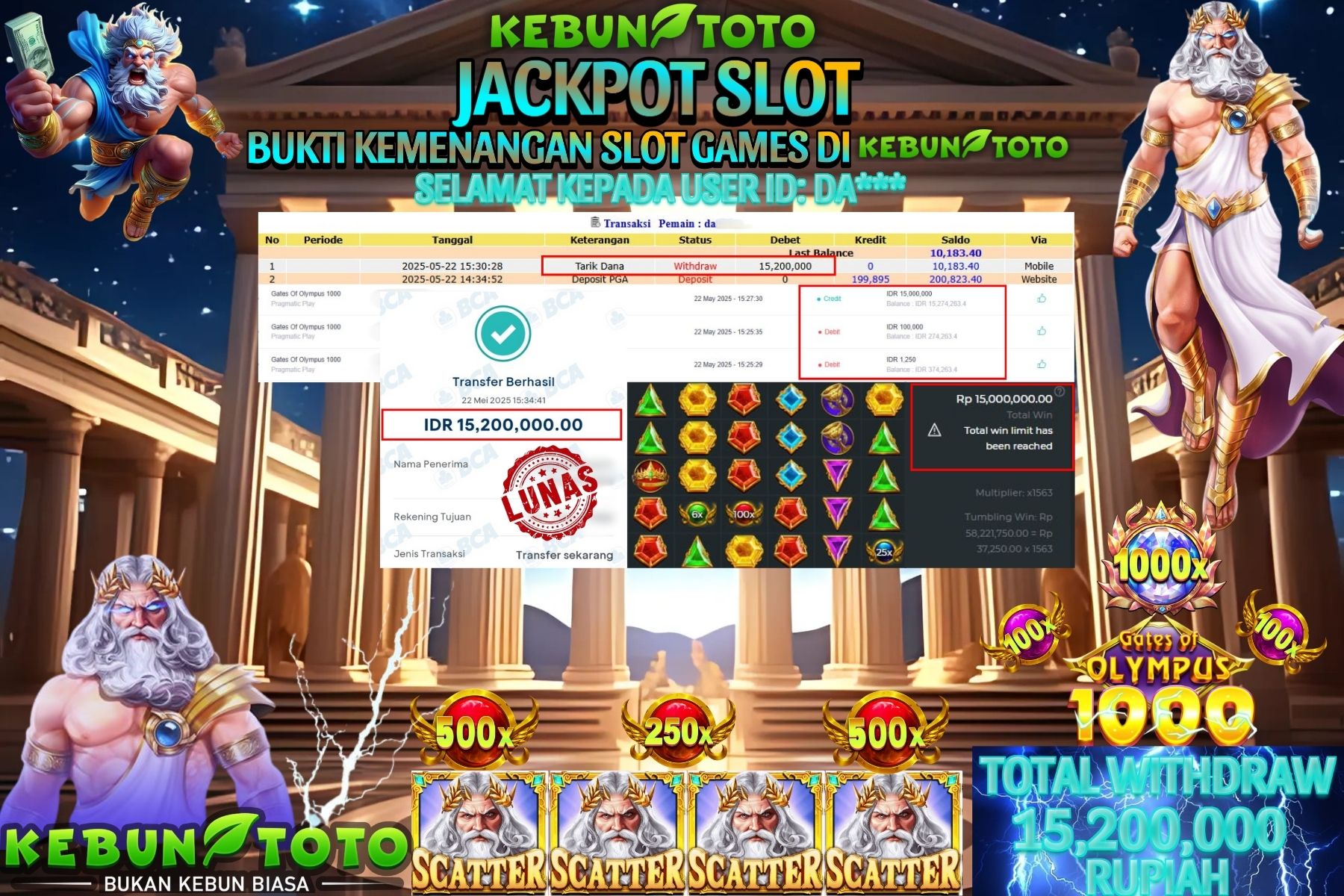 KEBUNTOTO JACKPOT SLOT GATES OF OLYMPUS 1000 Rp 15.200.000 ,- LUNAS