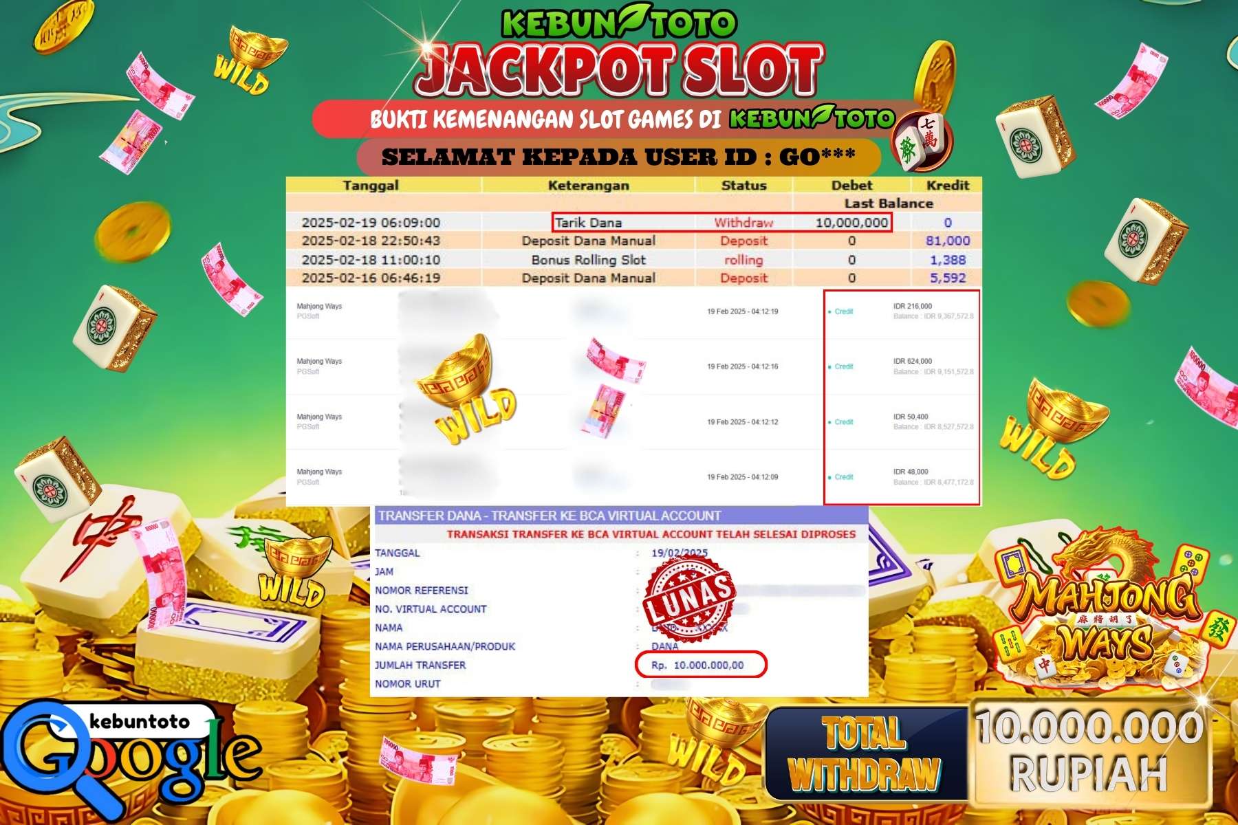 KEBUNTOTO JACKPOT, SLOT MAHJONG WAYS , Sebesar Rp 10.000.000,- LUNAS