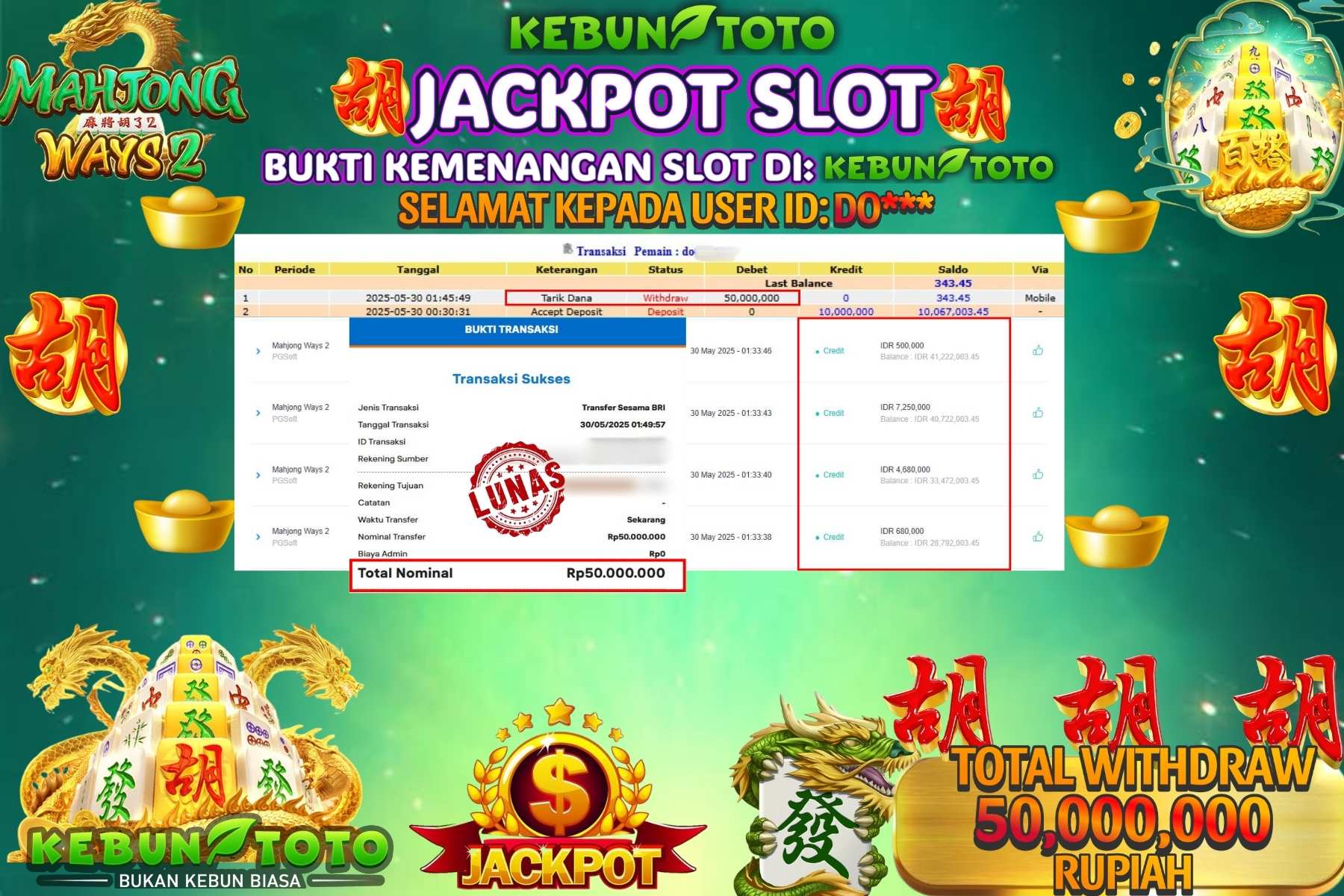 KEBUNTOTO JACKPOT SLOT MAHJONG WAYS 2 Rp 50.000.000,- LUNAS