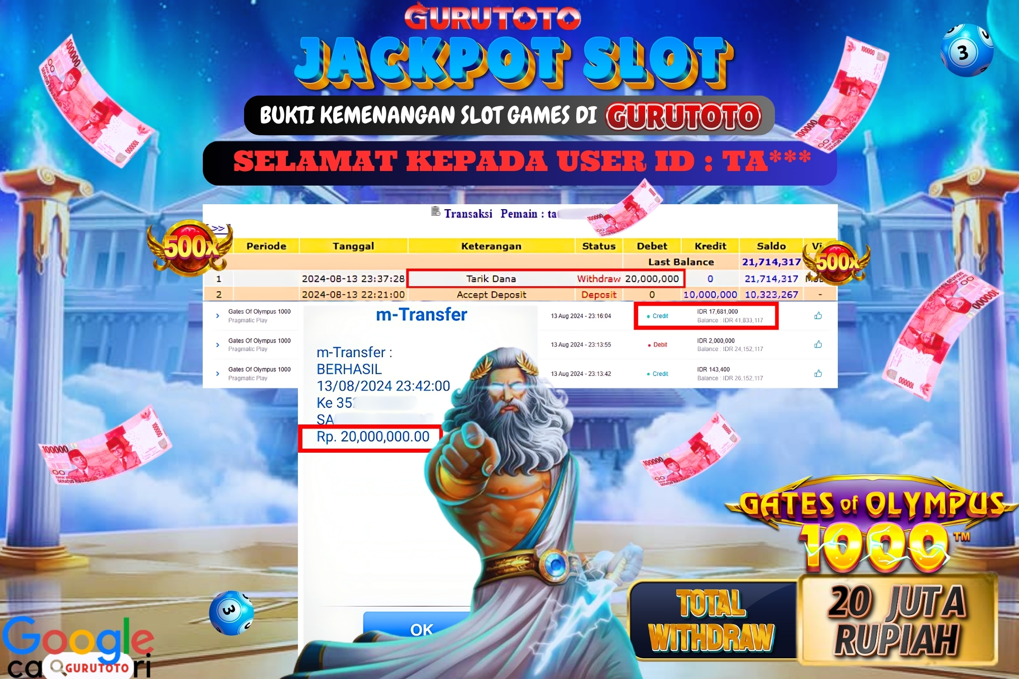 Jackpot Slot Gates of Olympus 1000 di Gurutoto sebesar Rp.20.000.000 dibayar lunas.