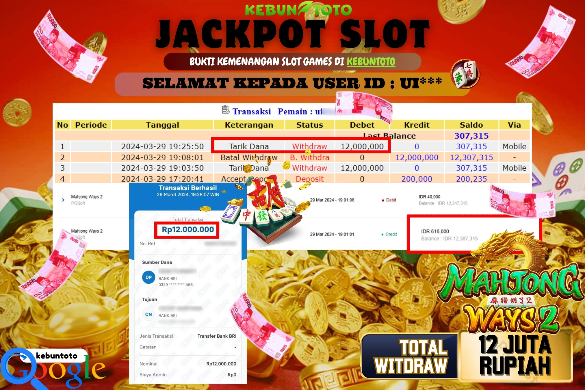 KEBUNTOTO JACKPOT SLOT MAHJONG WAYS 2 Rp.12.000.000,- LUNAS