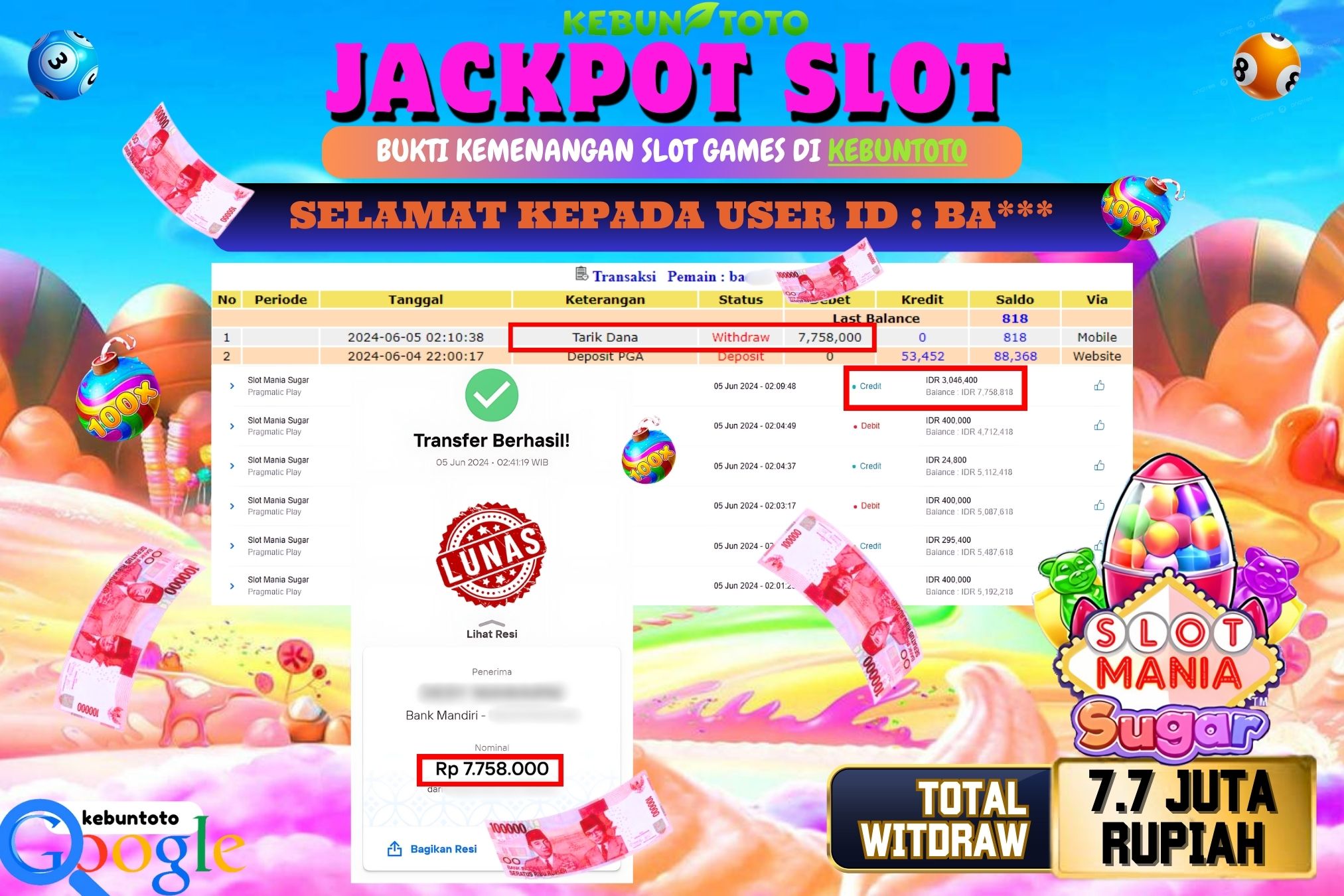 KEBUNTOTO JACKPOT SLOT MANIA SUGAR Rp.7.758.000,- LUNAS