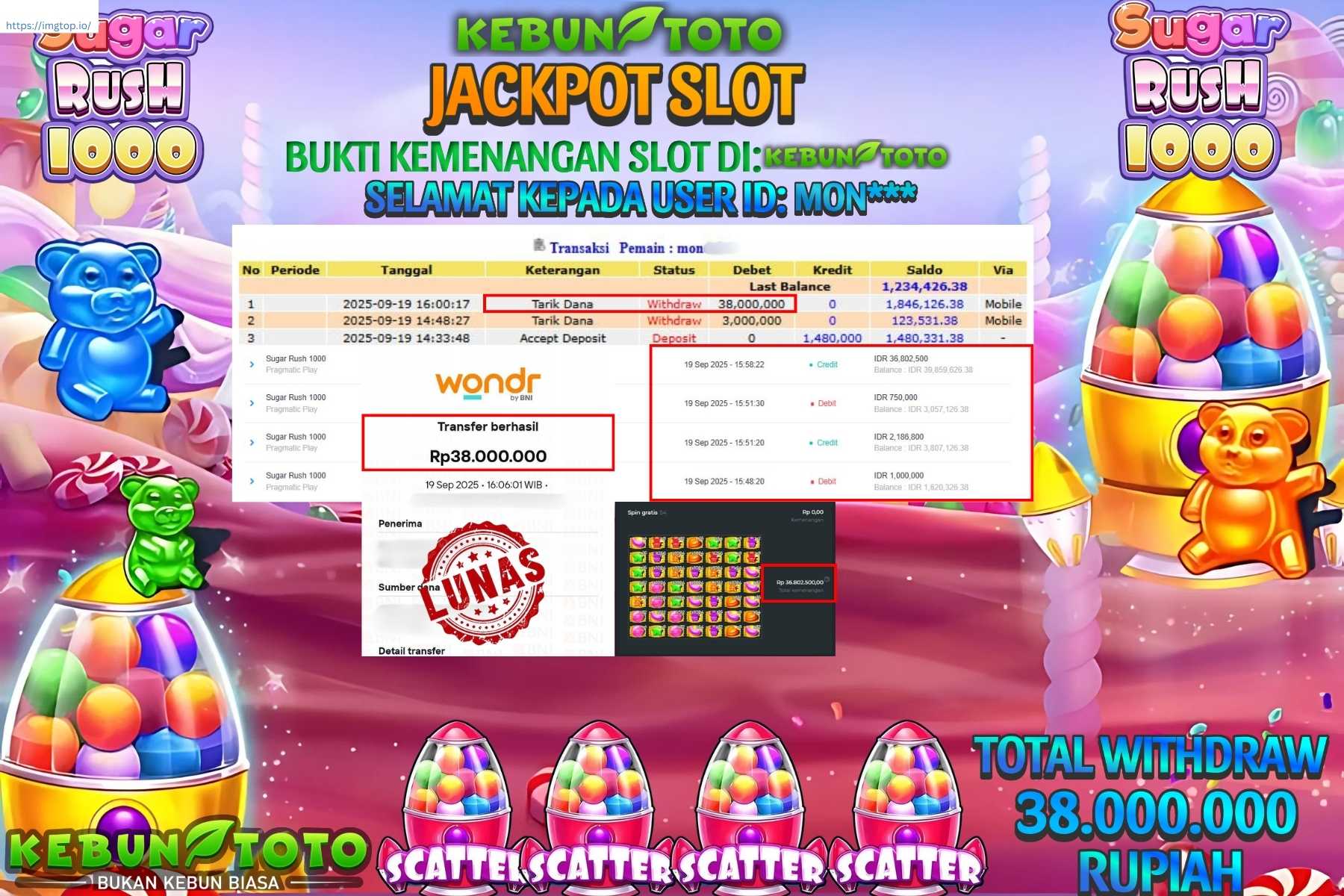 Bukti Kemenangan Rp 38.000.000 SLOT SUGAR RUSH 1000 di KEBUNTOTO!