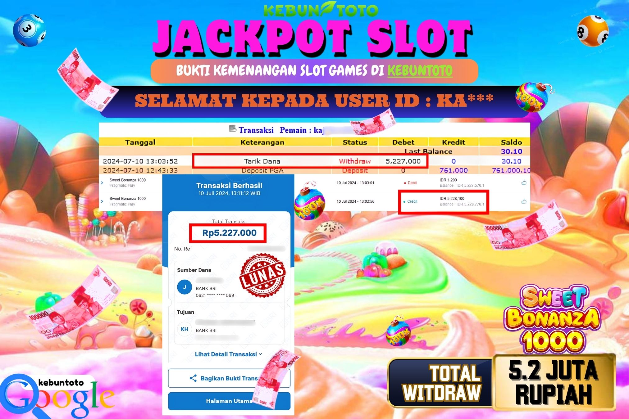 KEBUNTOTO JACKPOT SLOT SWEET BONANZA 1000 Rp.5.227.000,- LUNAS