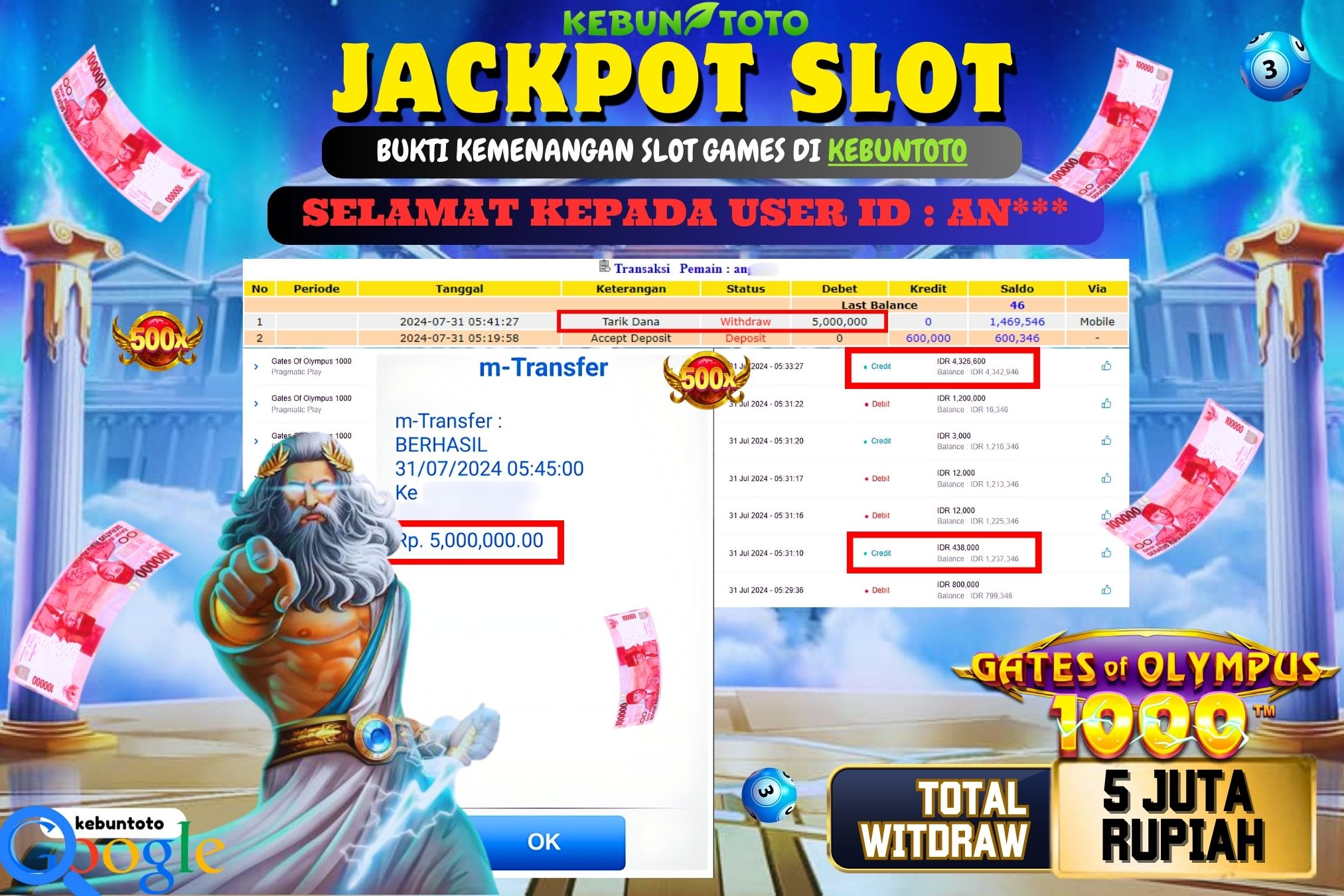 KEBUNTOTO JACKPOT SLOT GATES OF OLYMPUS 1000 Rp.5.000.000,- LUNAS