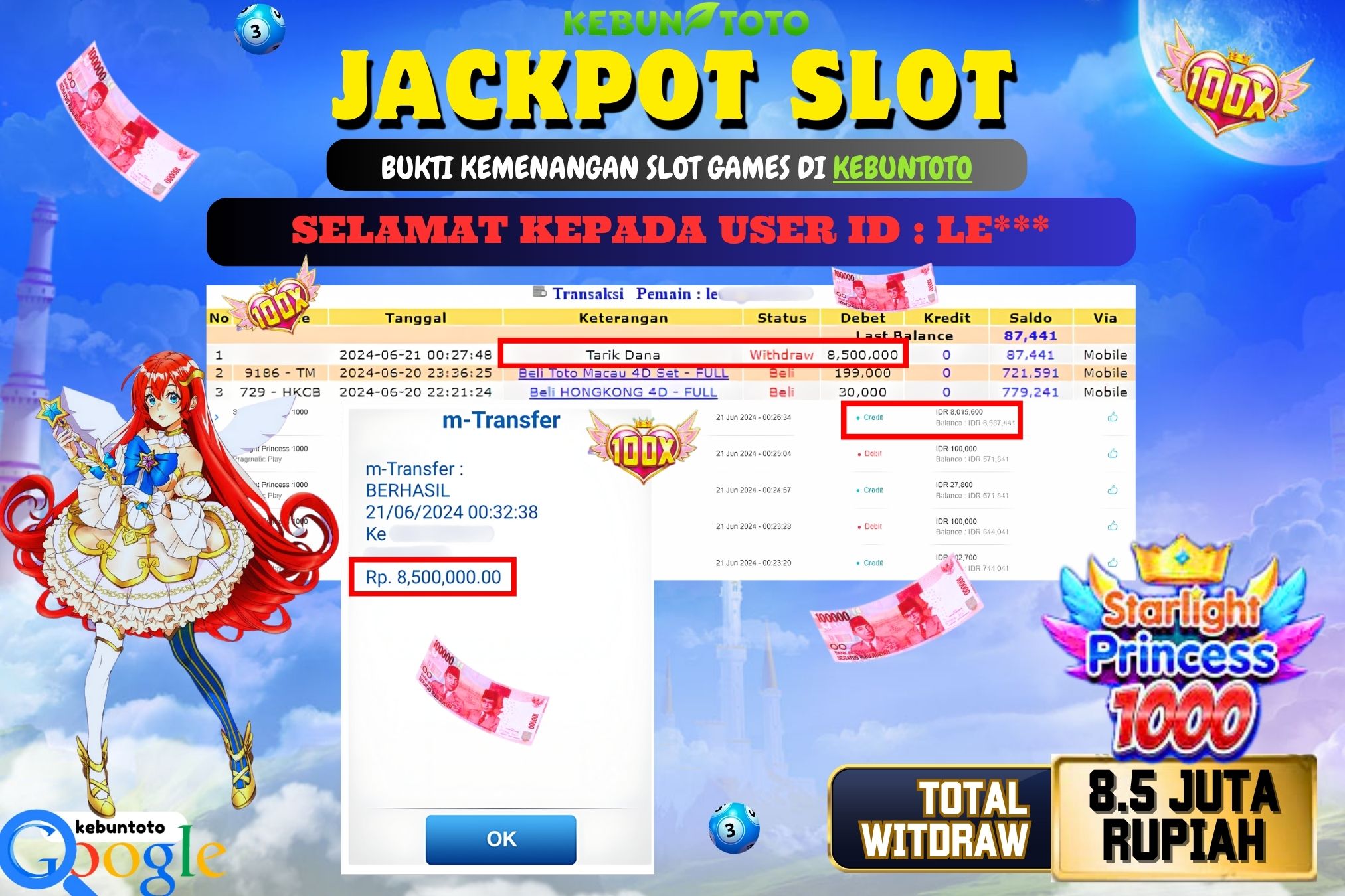KEBUNTOTO JACKPOT SLOT STARLIGHT PRINCESS 1000 Rp.8.500.000,- LUNAS