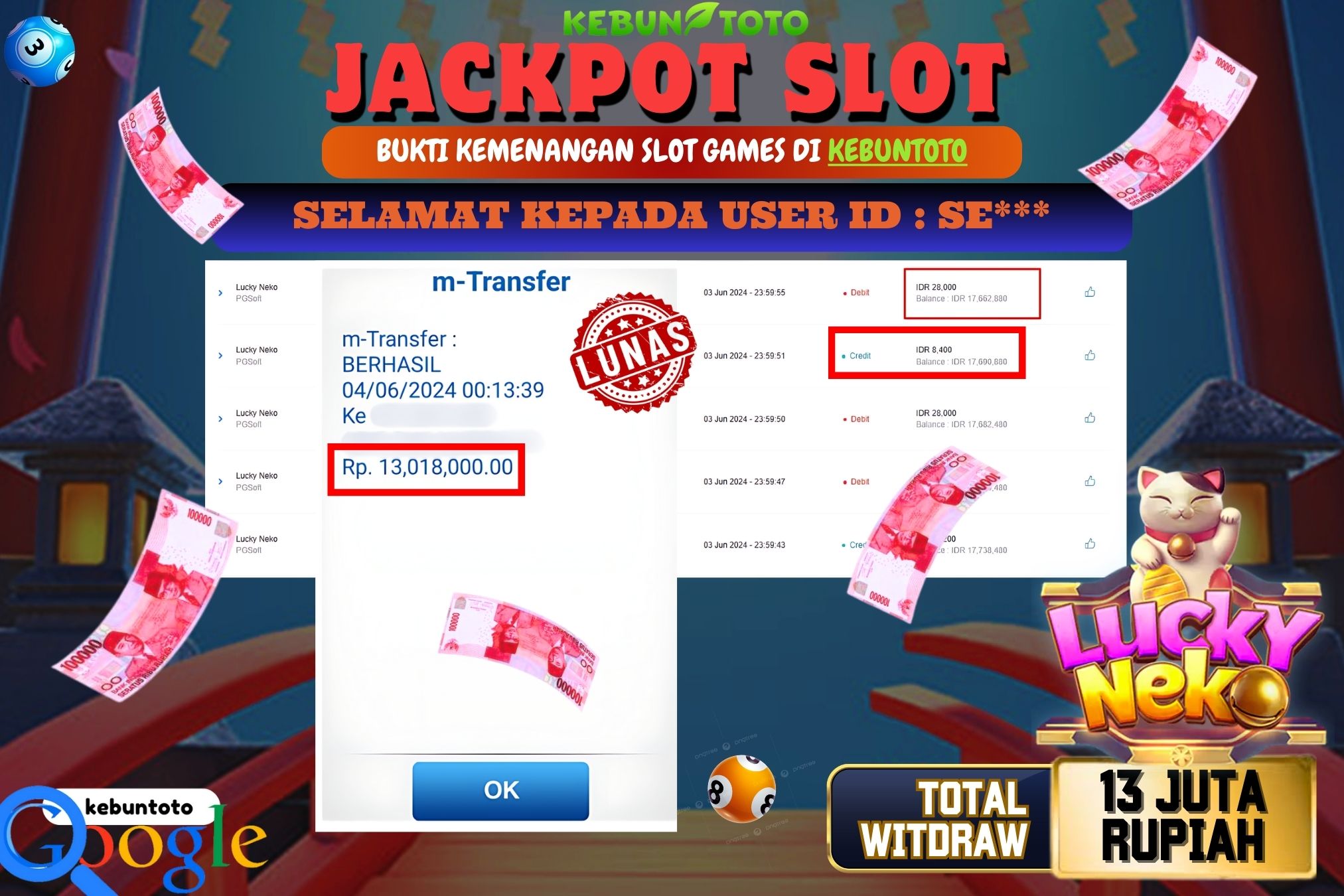 KEBUNTOTO JACKPOT SLOT LUCKY NEKO Rp.13.018.000,- LUNAS