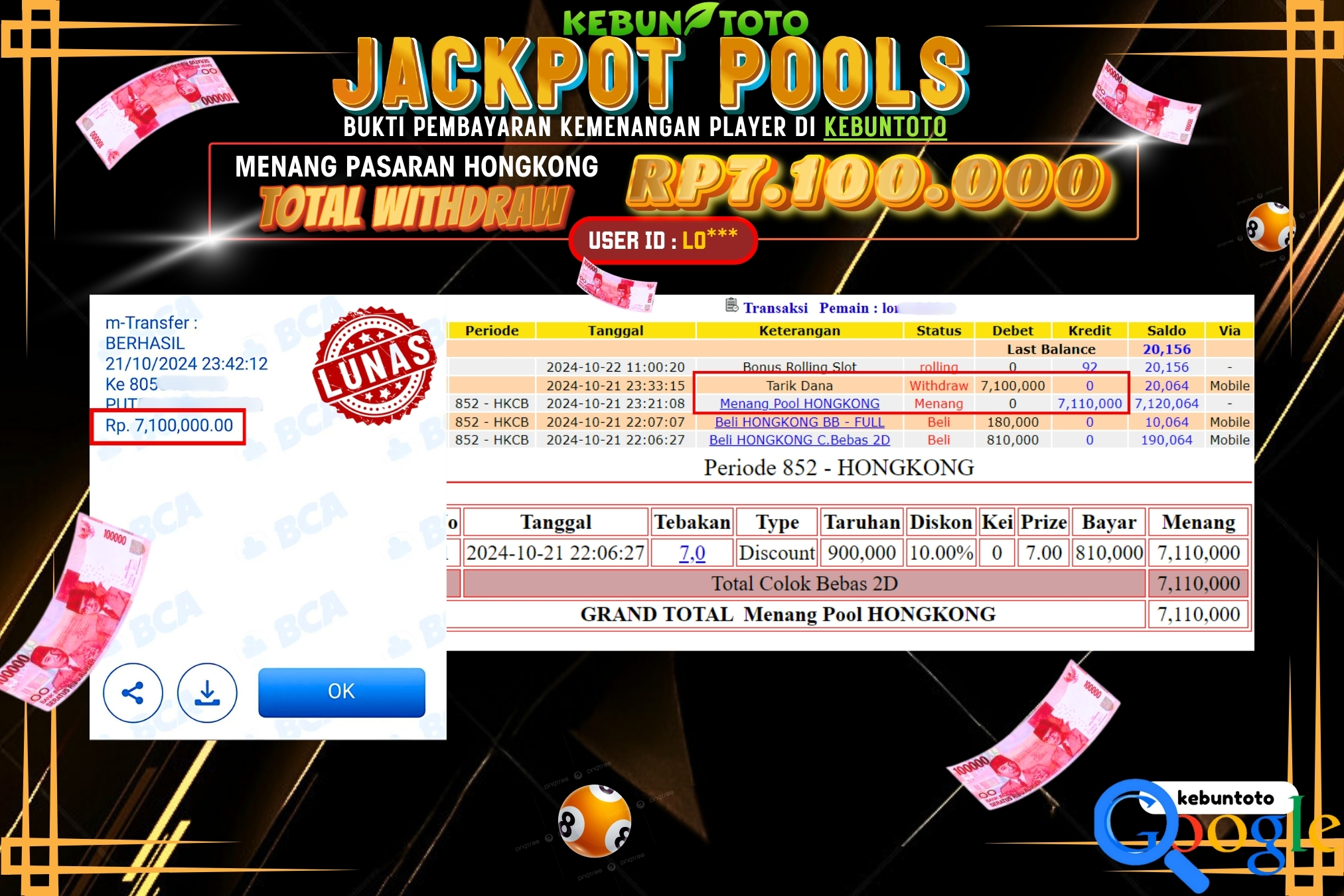 KEBUNTOTO JACKPOT TOGEL PASARAN HONGKONG Rp.7.100.000,- LUNAS
