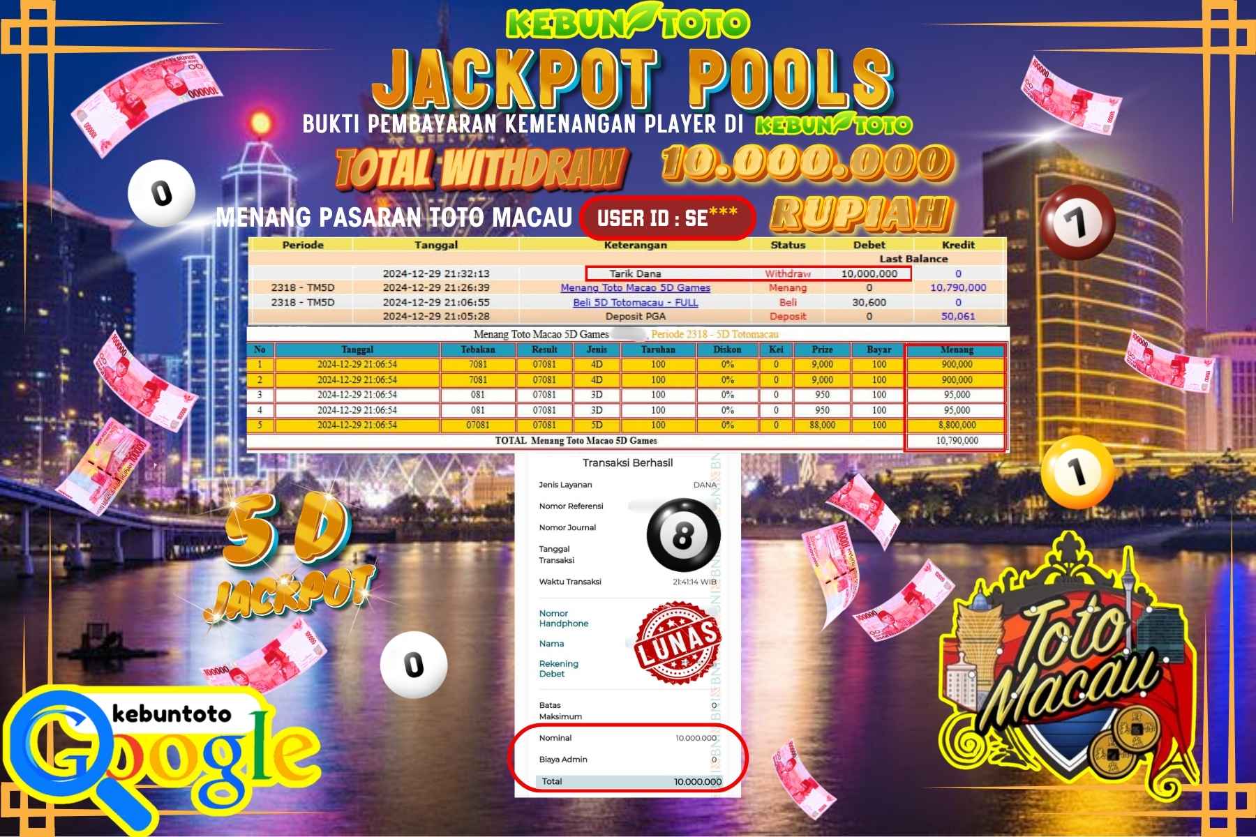 KEBUNTOTO JACKPOT TOTO MACAU POOLS , Sebesar Rp.10.000.000,- LUNAS