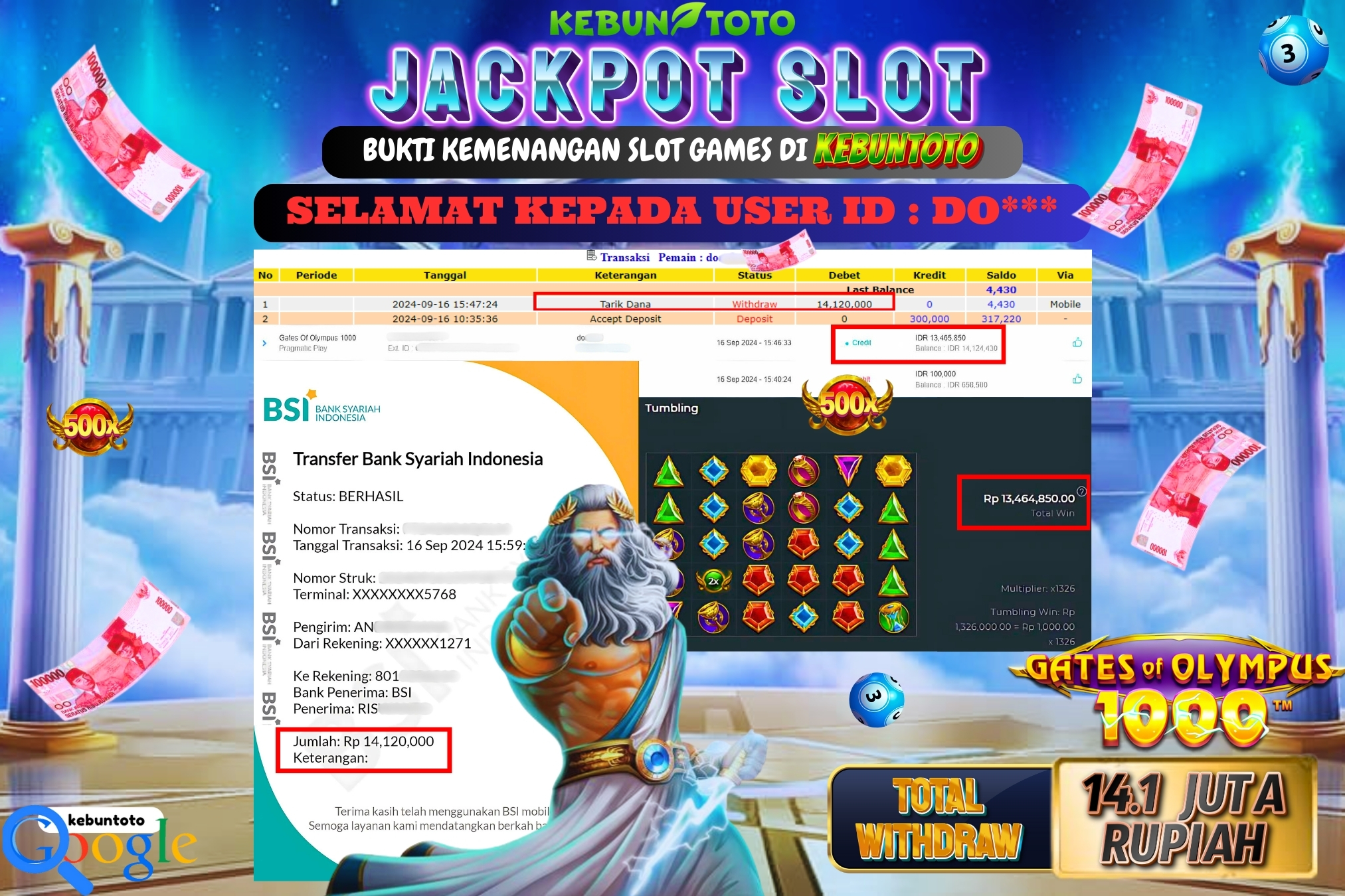 KEBUNTOTO JACKPOT SLOT GATES OF OLYMPUS 1000 Rp.14.120.000,- LUNAS