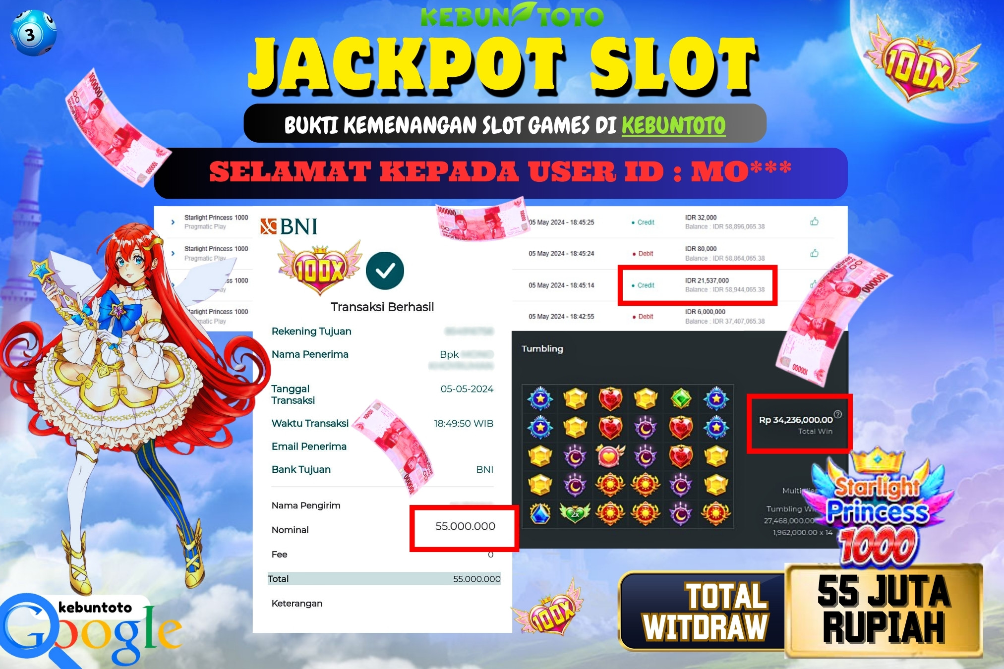 KEBUNTOTO JACKPOT SLOT STARLIGHT PRINCESS 1000 Rp.55.000.000,- LUNAS