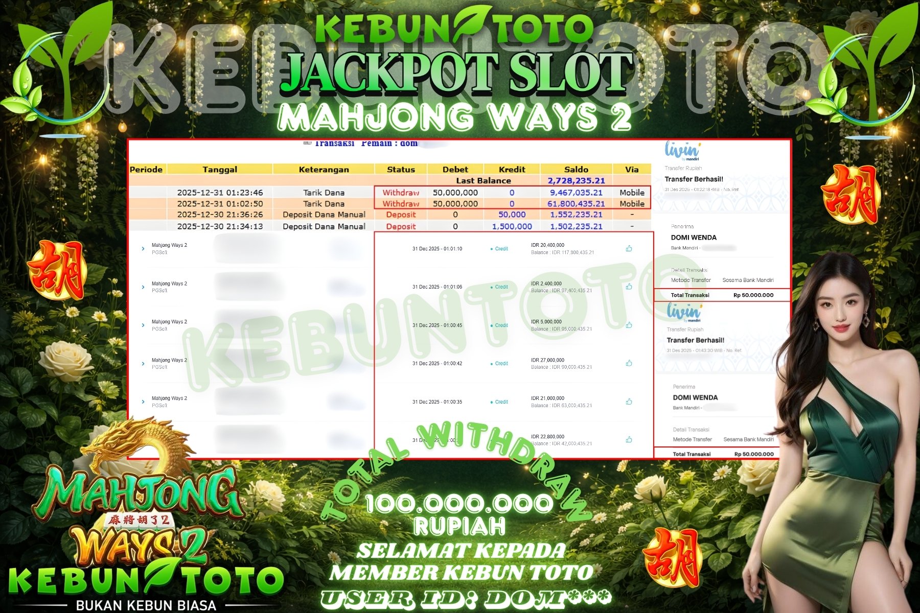 Bukti Kemenangan Rp 100.000.000 SLOT MAHJONG WAYS 2 di KEBUNTOTO!