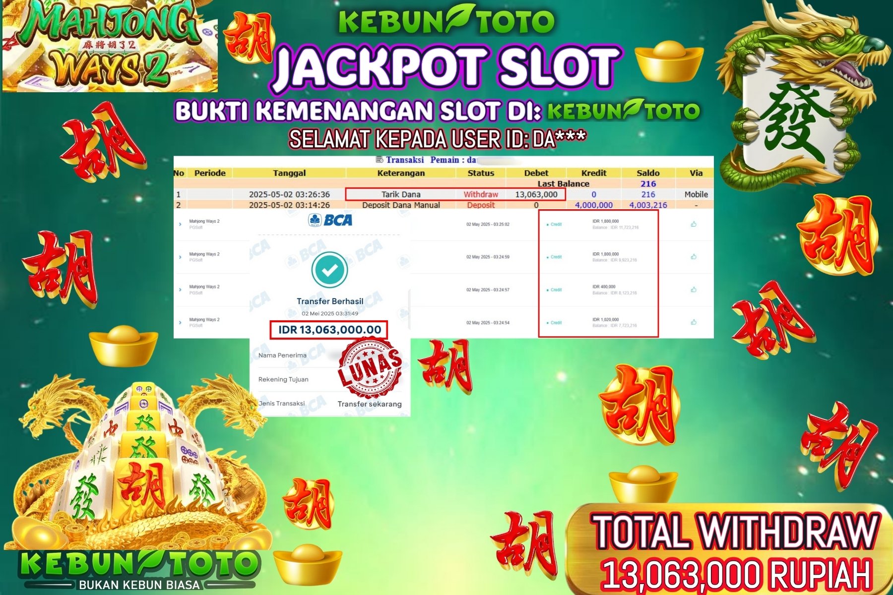 KEBUNTOTO JACKPOT SLOT MAHJONG WAYS 2 Rp 13.063.000 ,- LUNAS