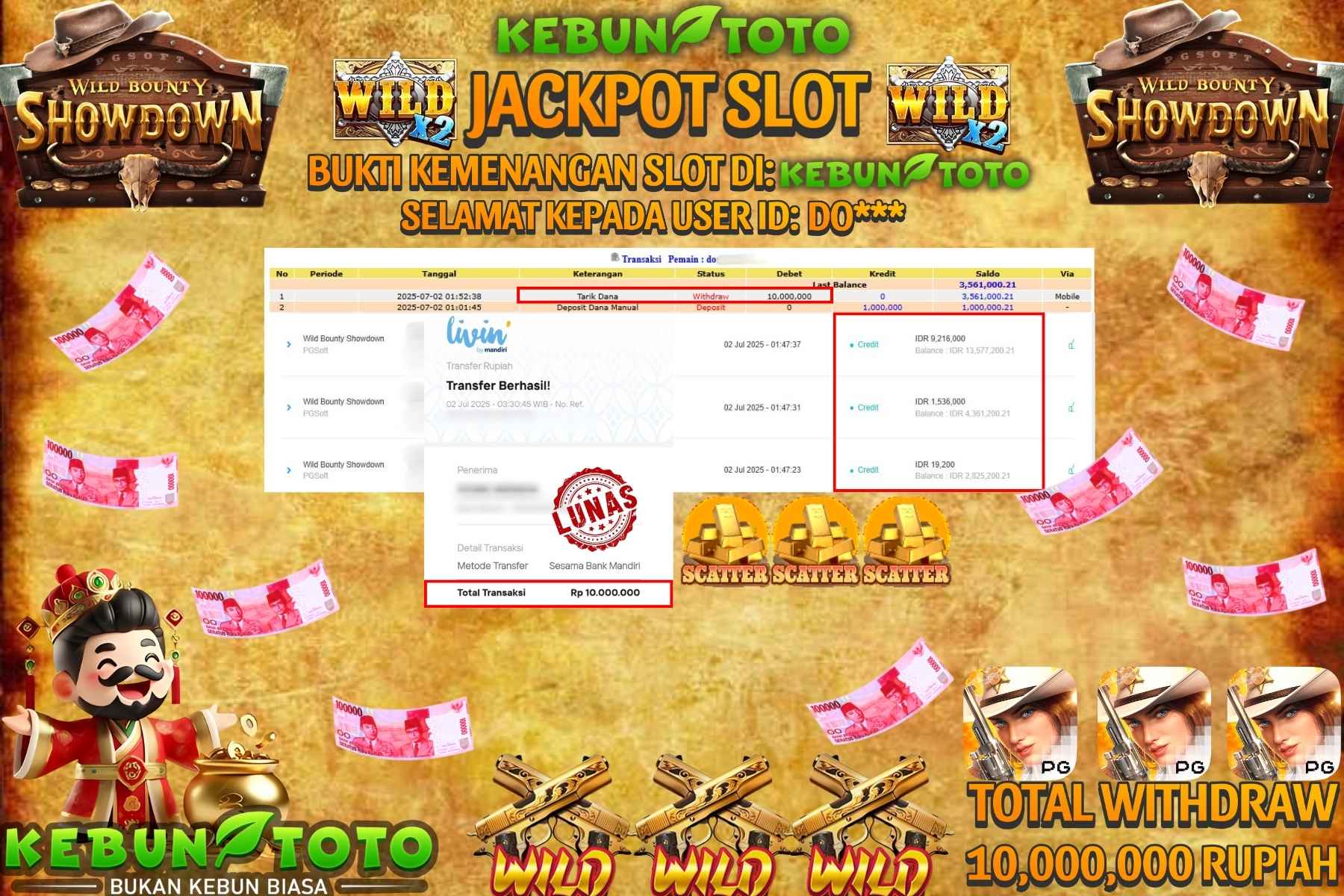 Bukti Kemenangan Rp 10.000.000 SLOT WILD BOUNTY SHOWDOWN di KEBUNTOTO!