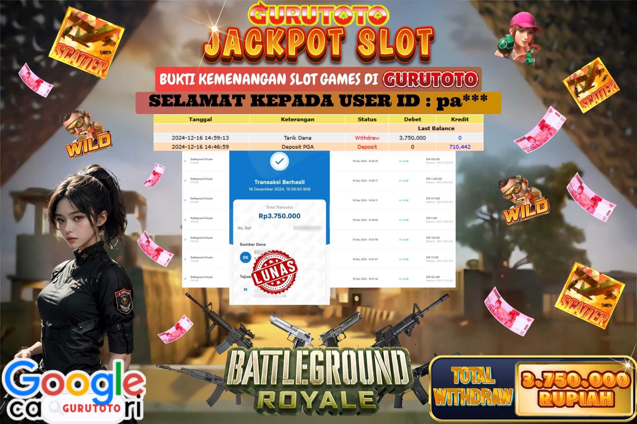 Jackpot SLOT BATTLEGROUND ROYALE sebesar Rp.3.750.000,- dibayar lunas.