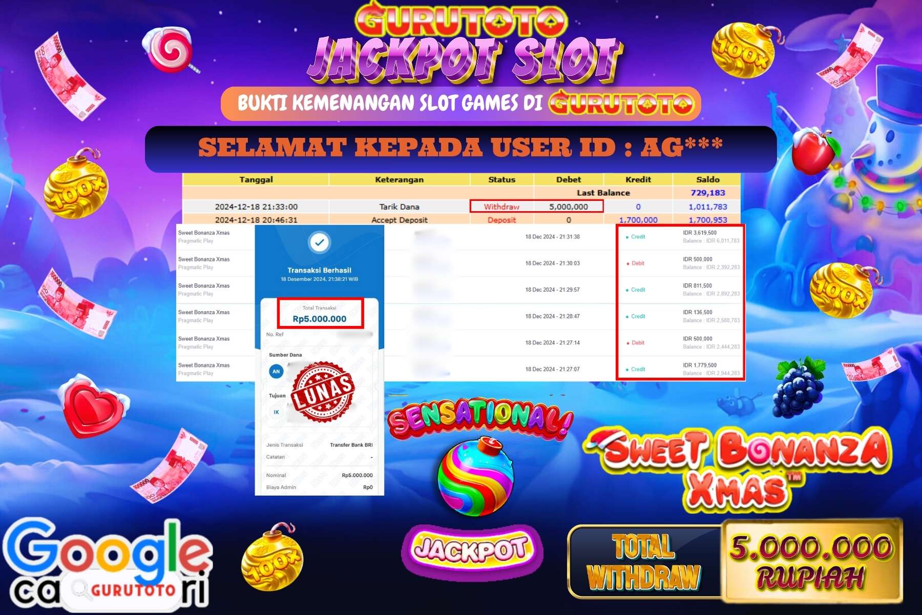 GURUTOTO, JACKPOT SLOT SWEET BONANZA XMAS  sebesar Rp.5.000.000,- dibayar lunas.