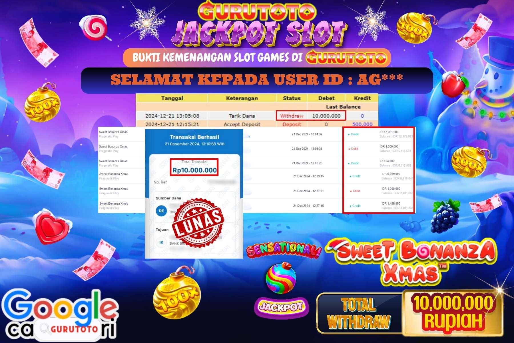 GURUTOTO, JACKPOT SLOT SWEET BONANZA XMAS  sebesar Rp.10.000.000,- dibayar lunas.
