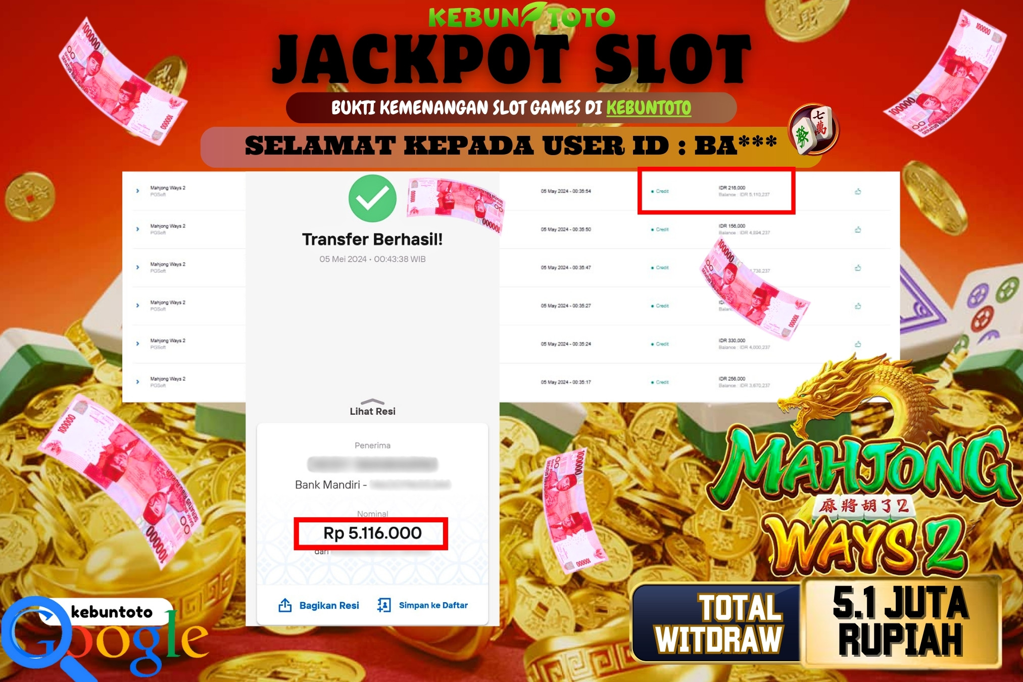 KEBUNTOTO JACKPOT SLOT MAHJONG WAYS 2 Rp.5.116.000,- LUNAS