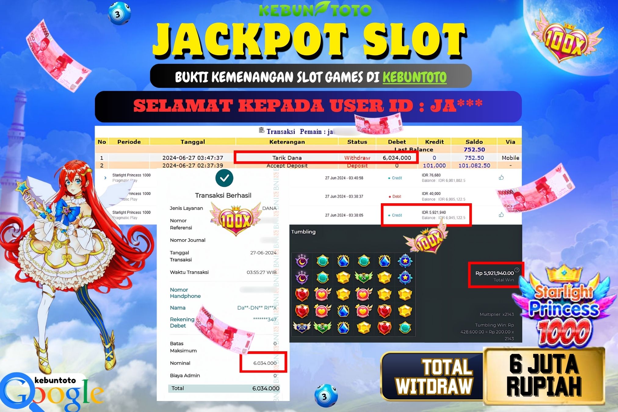 KEBUNTOTO JACKPOT SLOT STARLIGHT PRINCESS 1000 Rp.6.034.000,- LUNAS