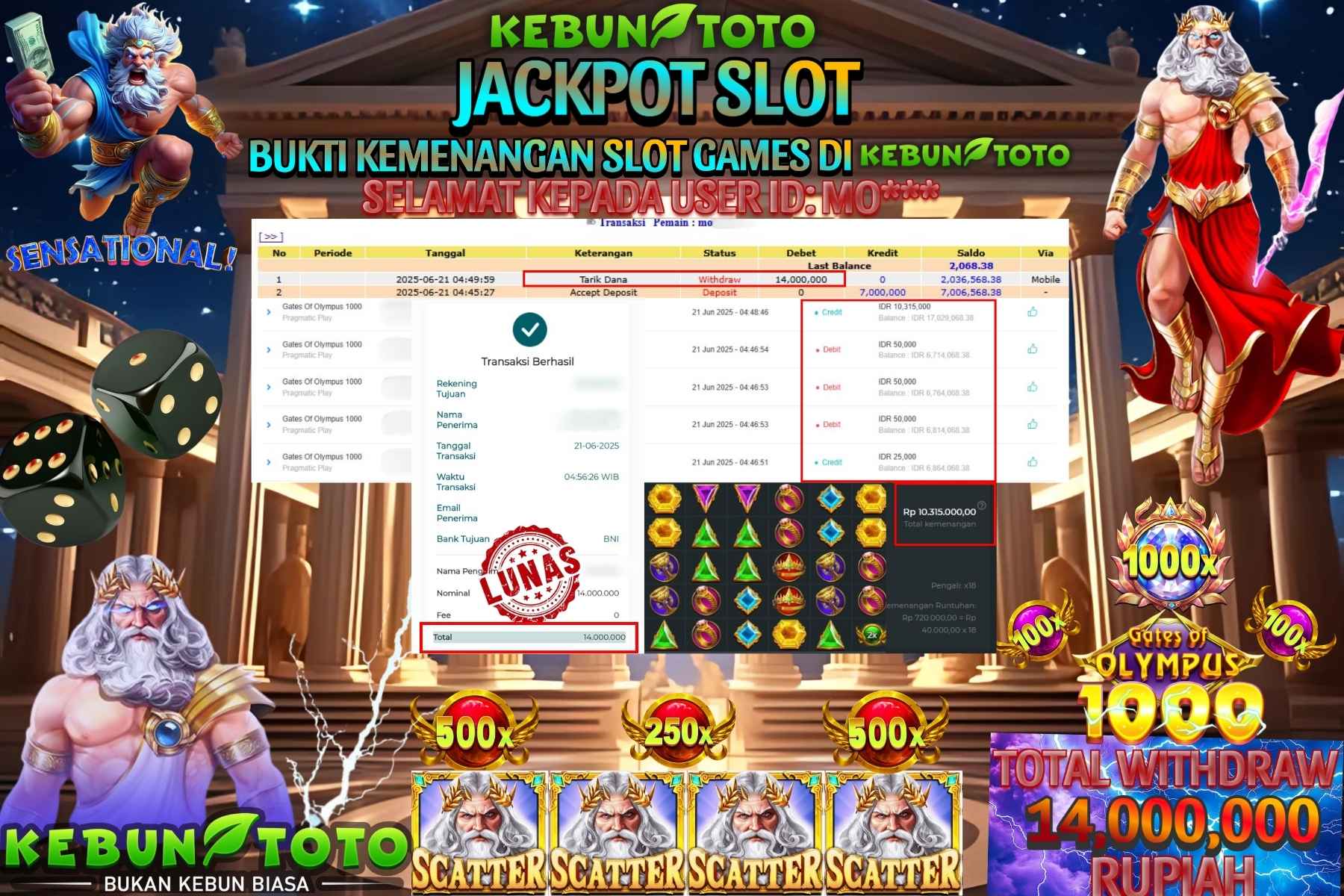 Bukti Kemenangan Rp 14.000.000 SLOT GATES OF OLYMPUS 1000 di KEBUNTOTO!