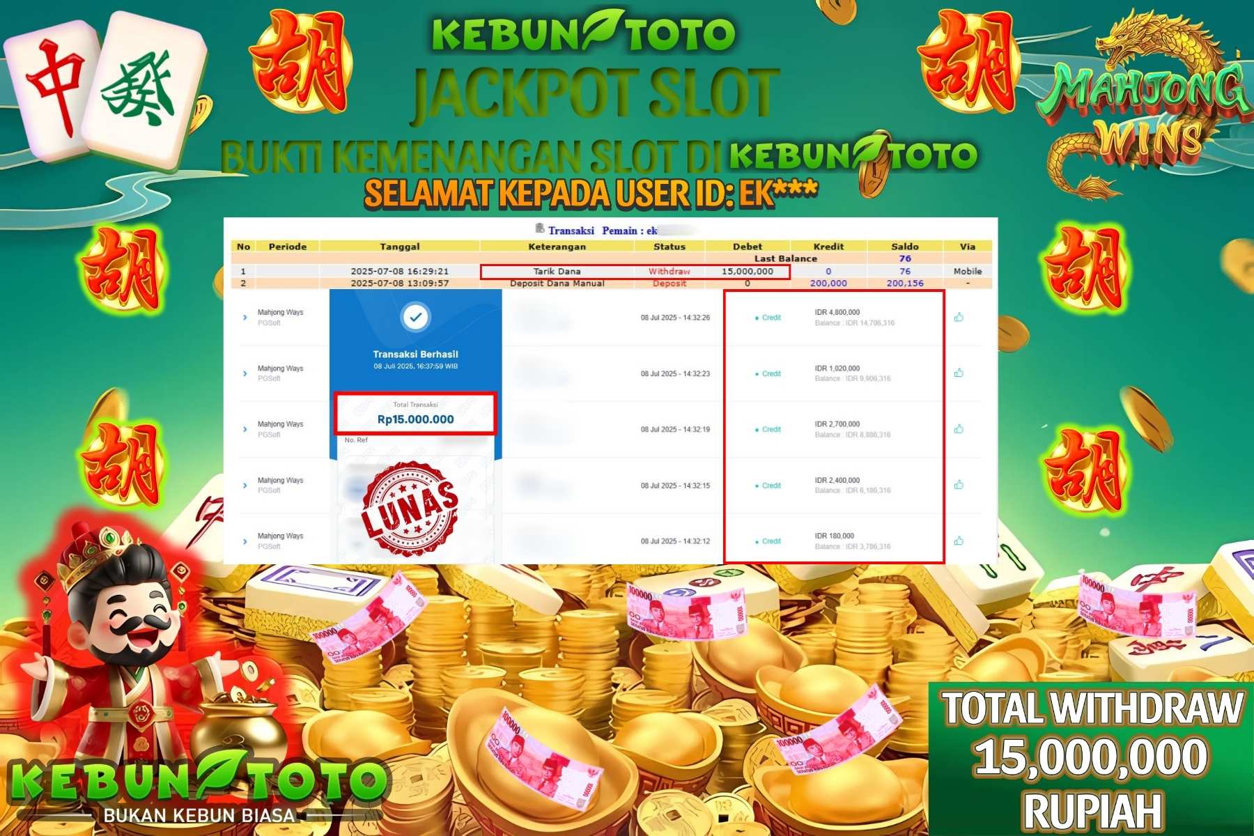 Bukti Kemenangan Rp 15.000.000 SLOT MAHJONG WAYS di KEBUNTOTO!