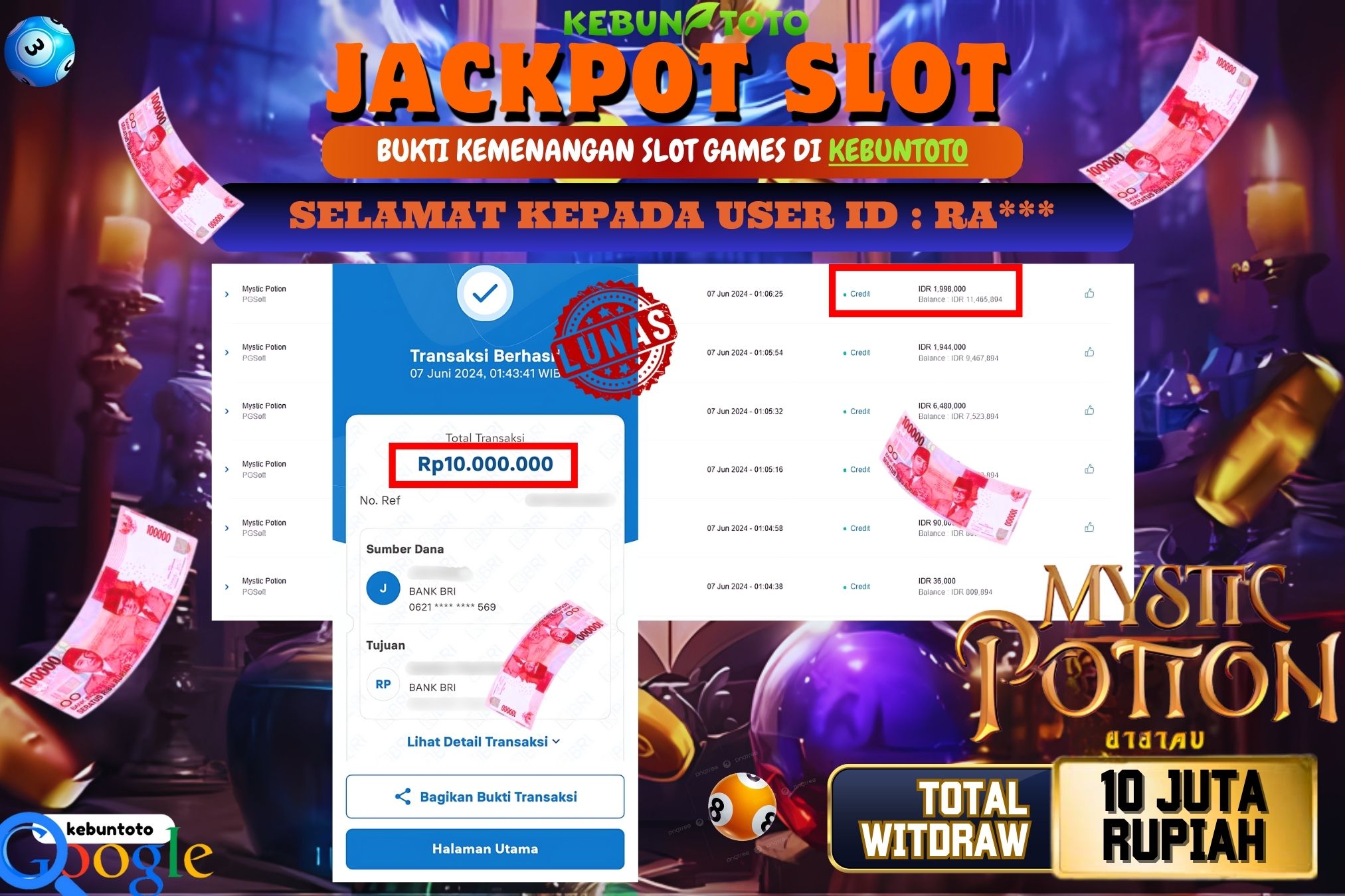 KEBUNTOTO JACKPOT SLOT MYSTIC POTION Rp.10.000.000,- LUNAS