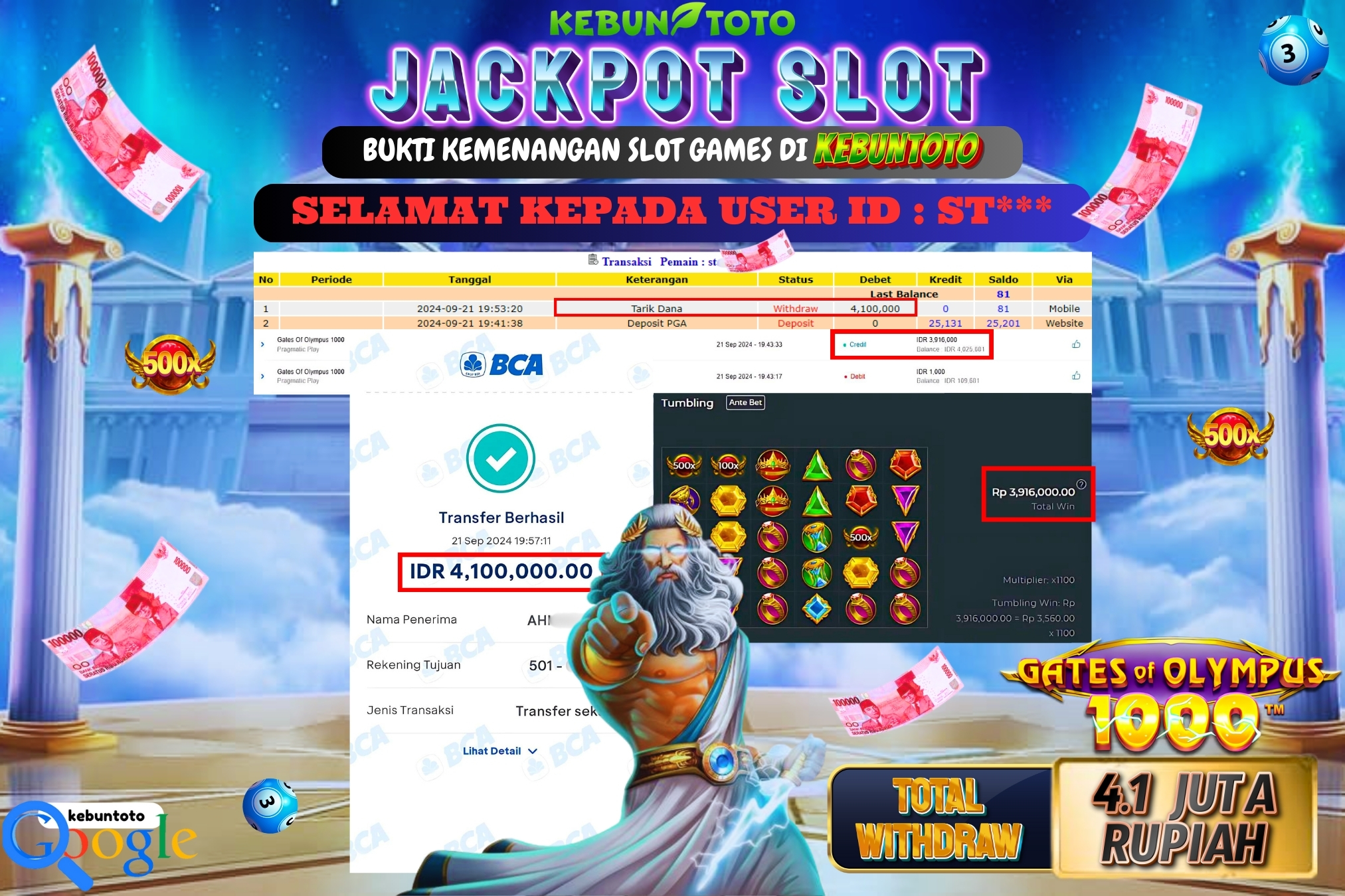 KEBUNTOTO JACKPOT SLOT GATES OF OLYMPUS 1000 Rp.4.100.000,- LUNAS