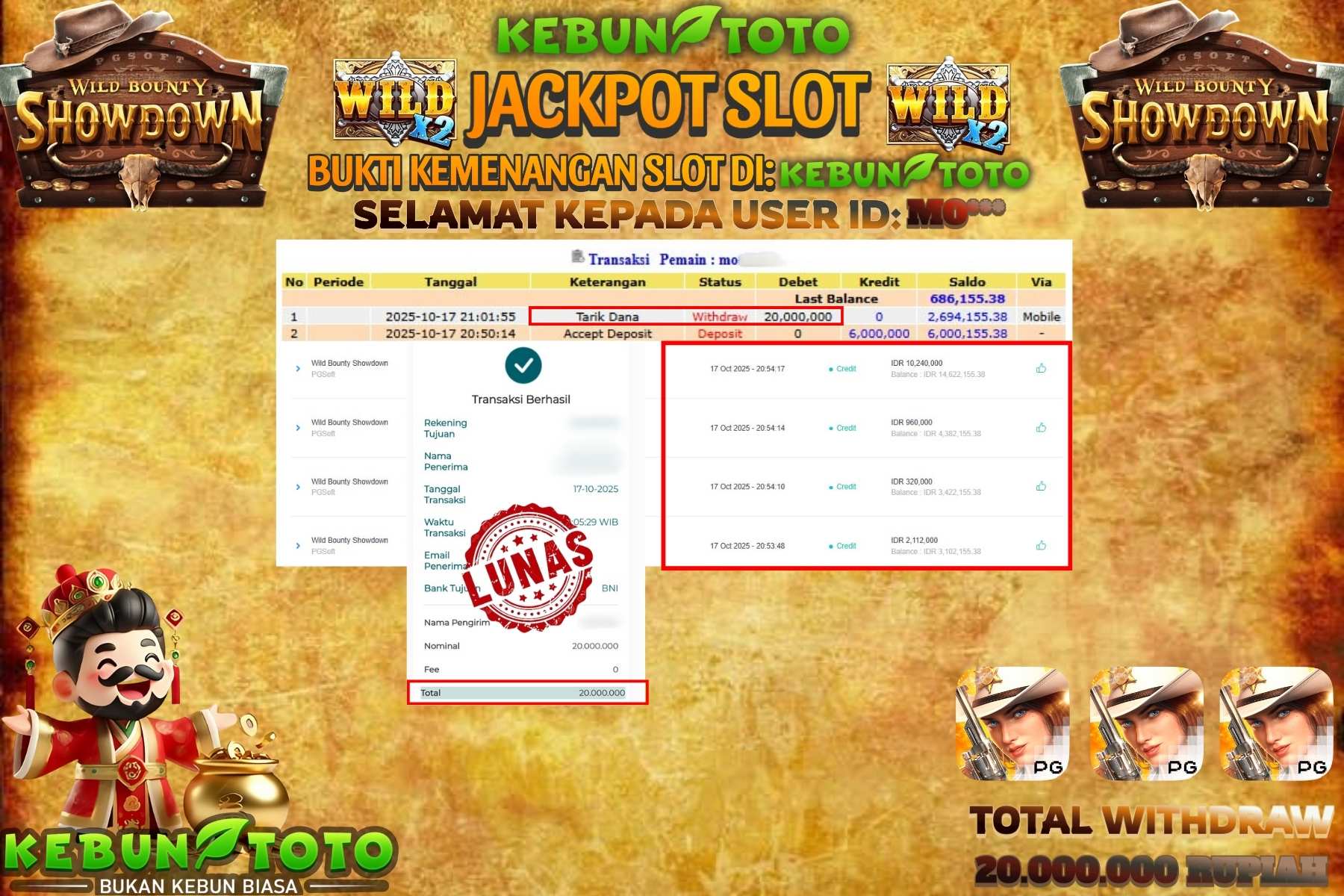 Bukti Kemenangan Rp 20.000.000 SLOT WILD BOUNTY SHOWDOWN di KEBUNTOTO!
