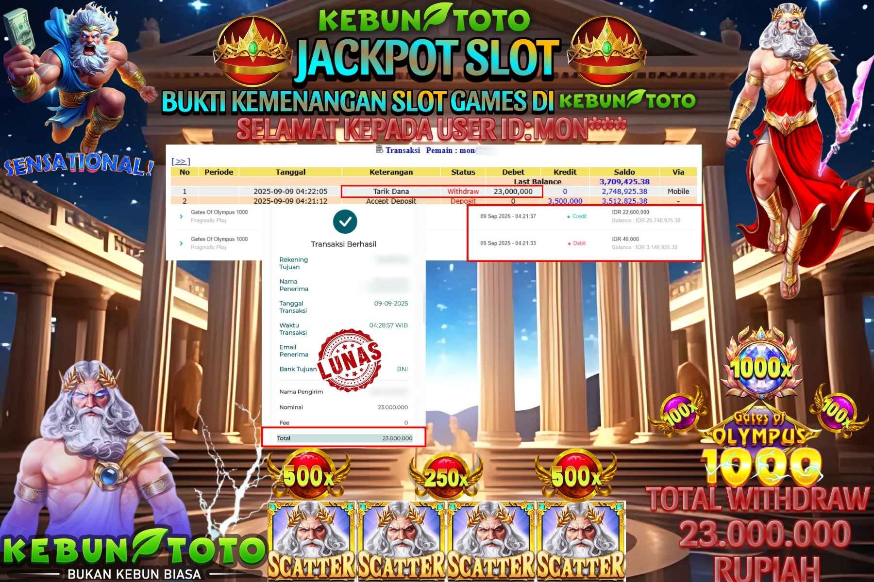 Bukti Kemenangan Rp 23.000.000 SLOT GATES OF OLYMPUS 1000 di KEBUNTOTO!