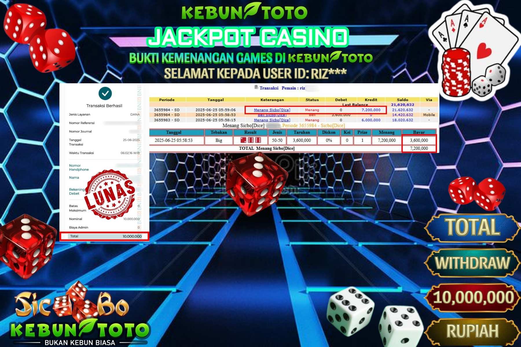 Bukti Kemenangan Rp 10.000.000 CASINO SICBO di KEBUNTOTO!