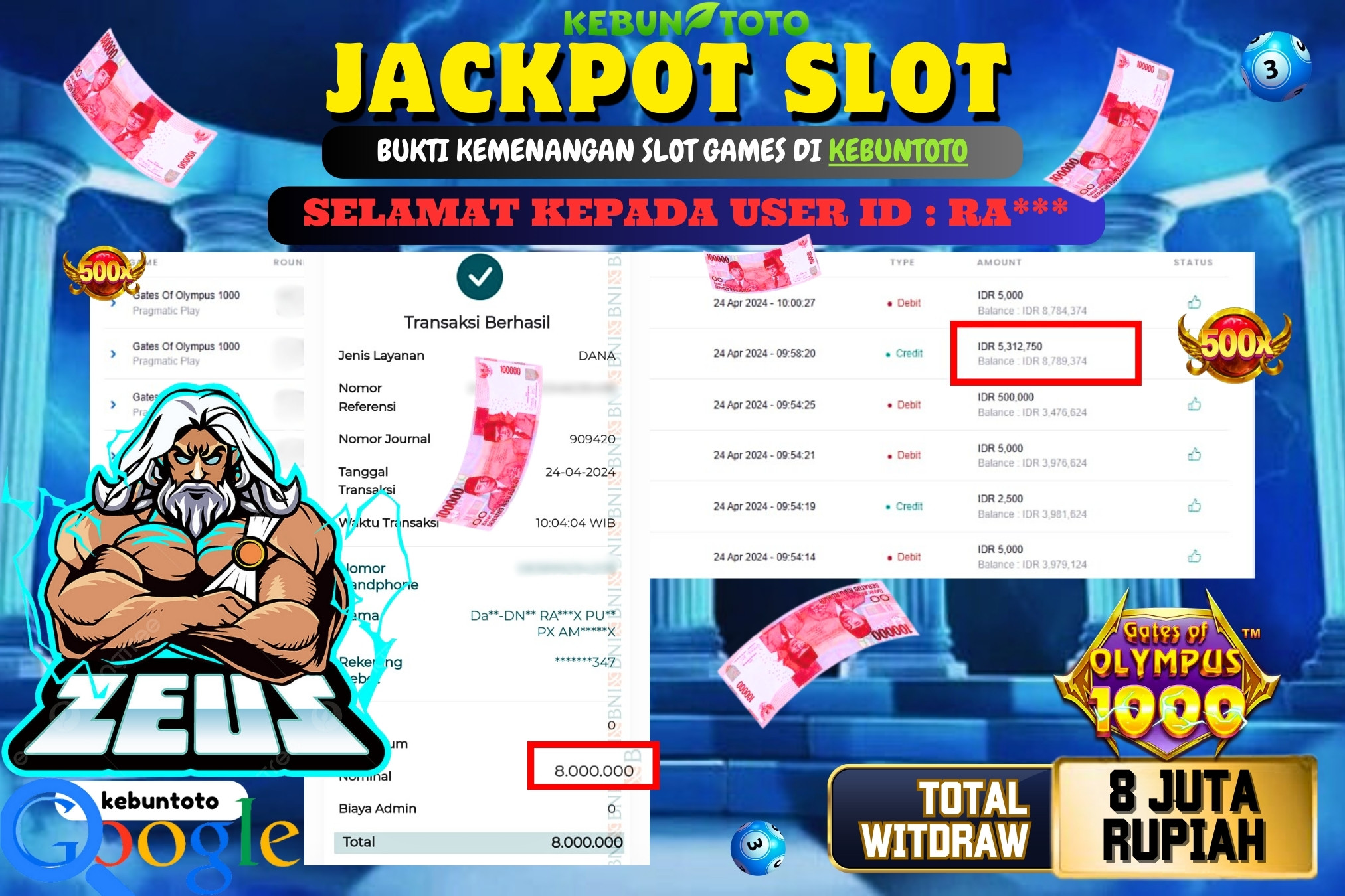 KEBUNTOTO JACKPOT SLOT GATES OF OLYMPUS 1000 Rp.8.000.000,- LUNAS