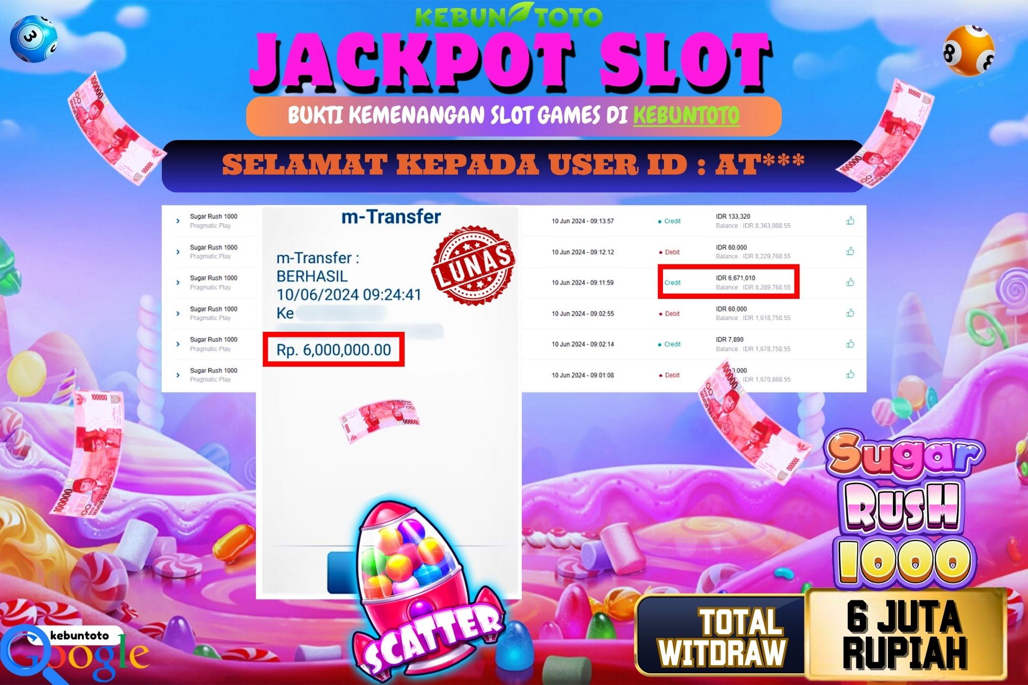 KEBUNTOTO JACKPOT SLOT SUGAR RUSH 1000 Rp.6.000.000,- LUNAS