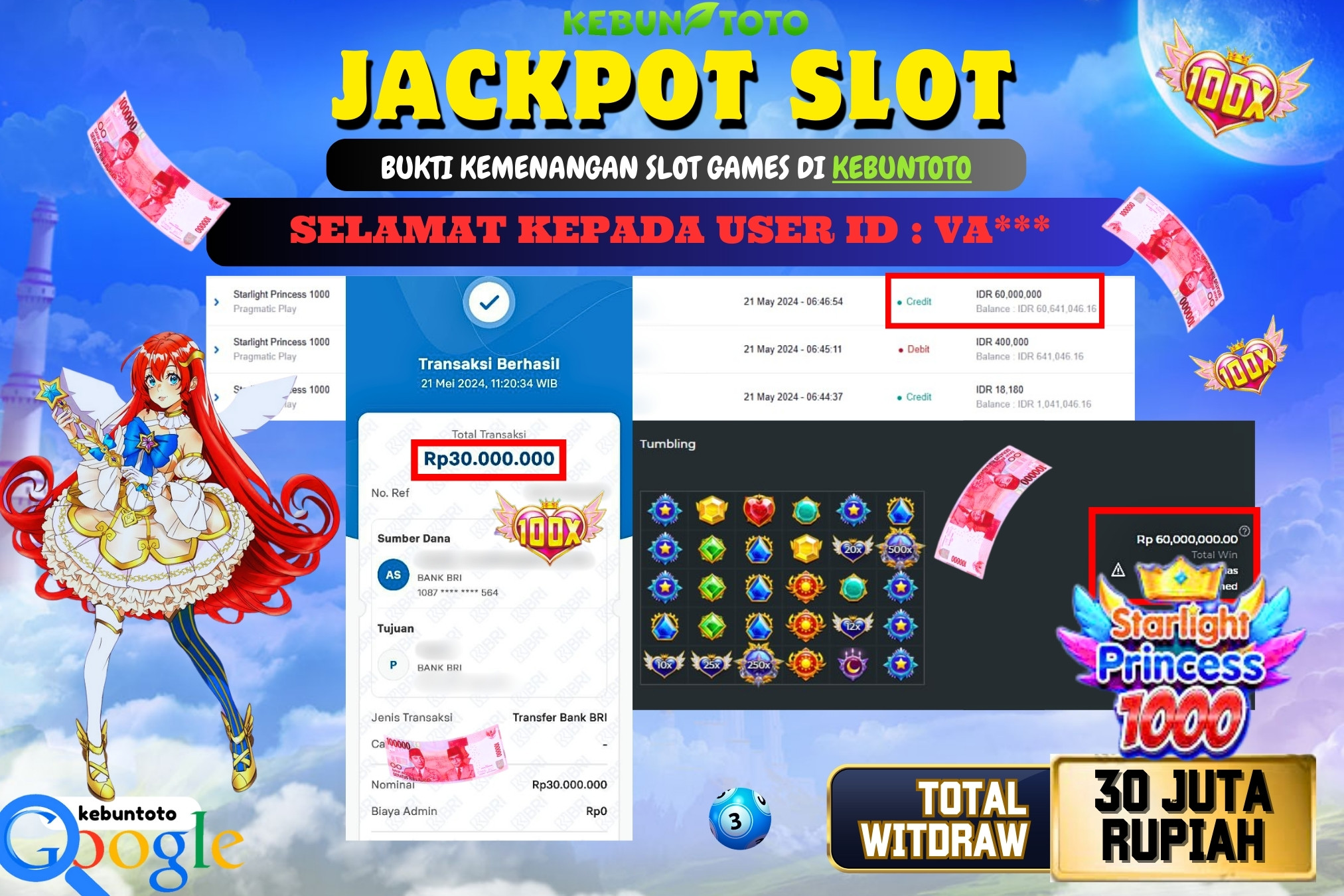KEBUNTOTO JACKPOT SLOT STARLIGHT PRINCESS 1000 Rp.30.000.000,- LUNAS