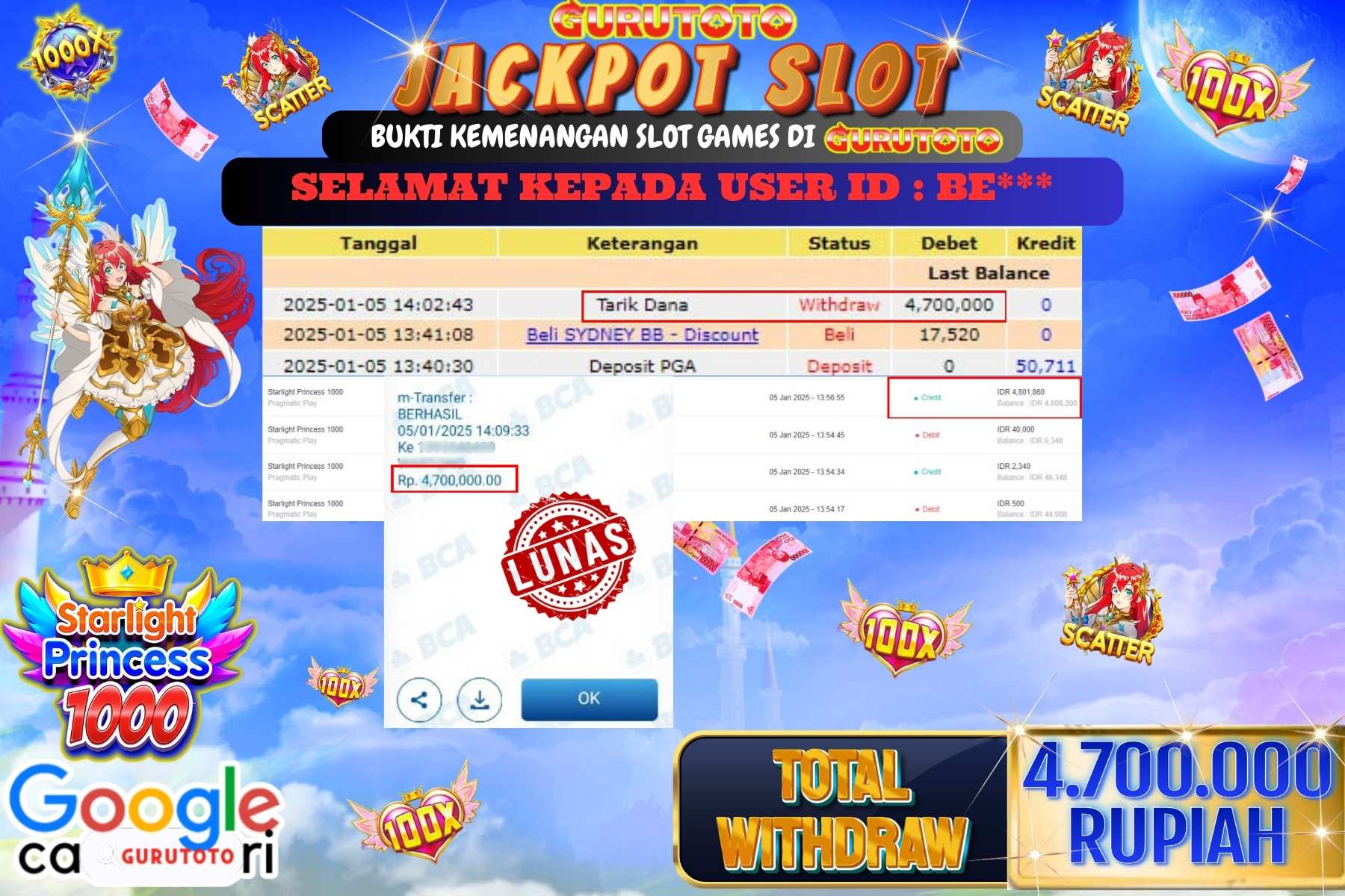 GURUTOTO, JACKPOT SLOT STARLIGHT PRINCESS 1000 sebesar Rp.4.700.000,- dibayar lunas.