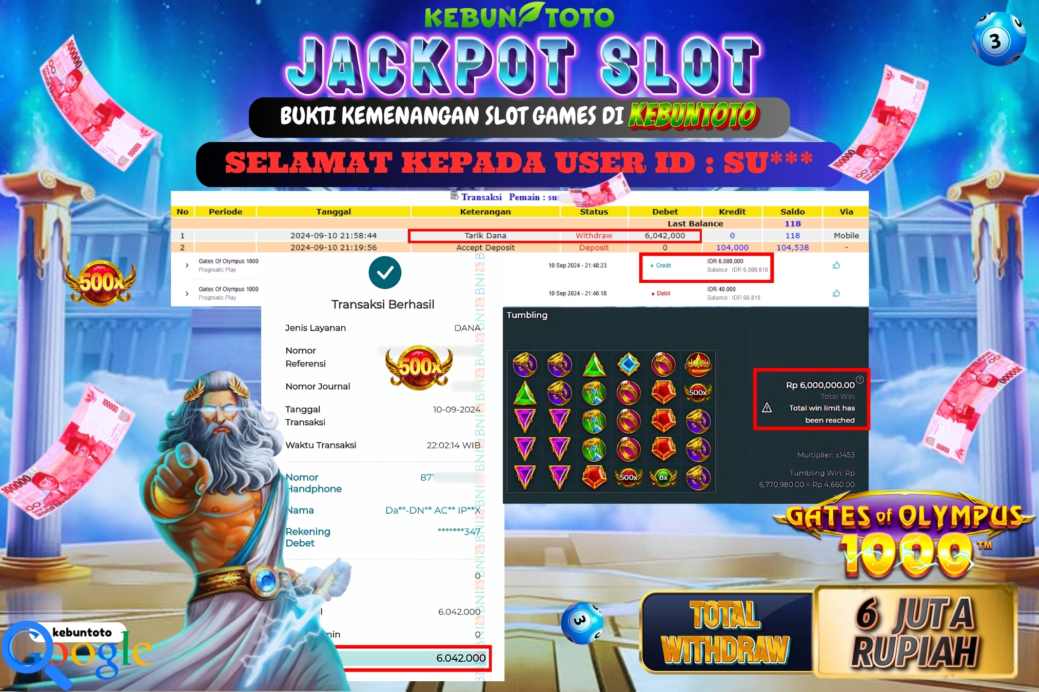 KEBUNTOTO JACKPOT SLOT GATES OF OLYMPUS 1000 Rp.6.042.000,- LUNAS