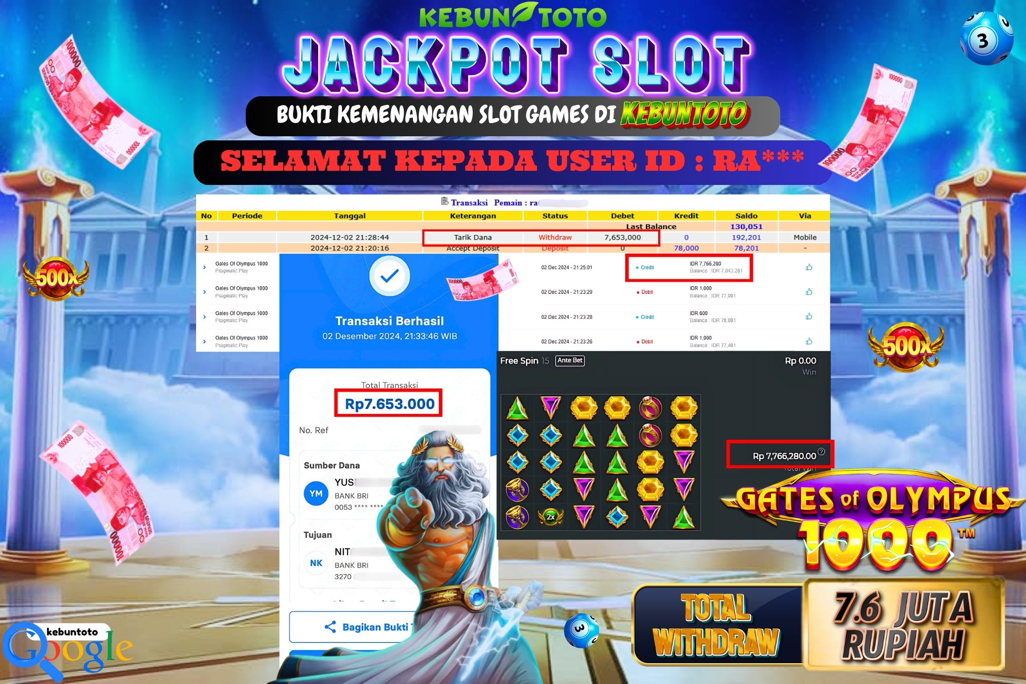 KEBUNTOTO JACKPOT SLOT GATES OF OLYMPUS 1000 Rp.7.653.000,- LUNAS