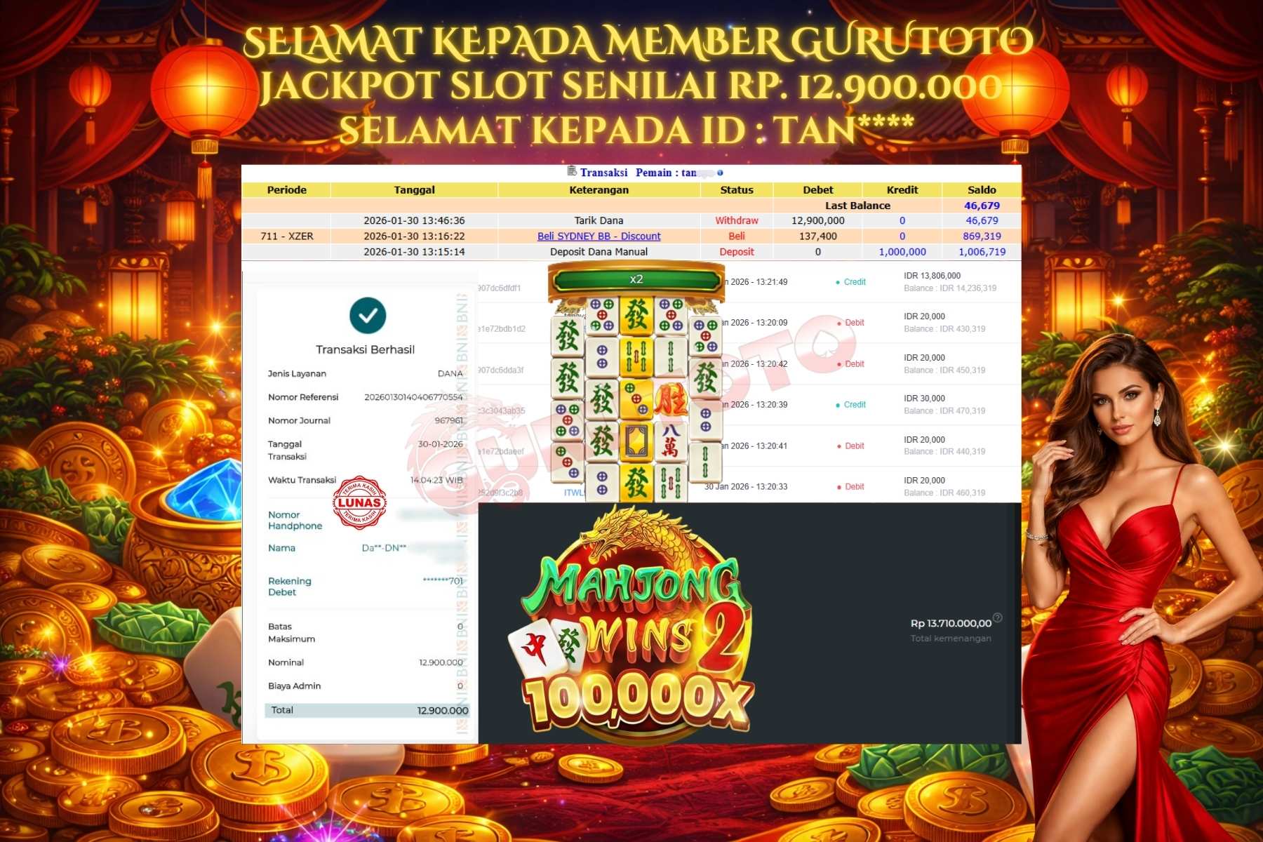 Bukti Kemenangan Rp 12.900.000 MAHJONG WINS 2 di GURUTOTO !