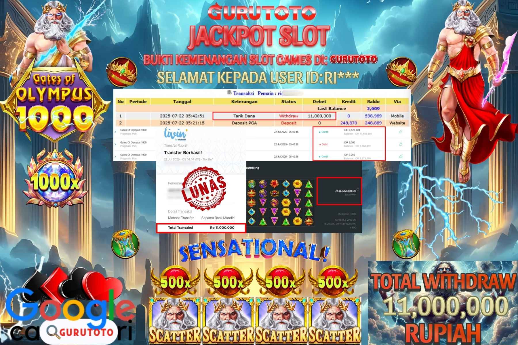 Bukti Kemenangan Rp 11.000.000 SLOT GATES OF OLYMPUS 1000 di GURUTOTO!