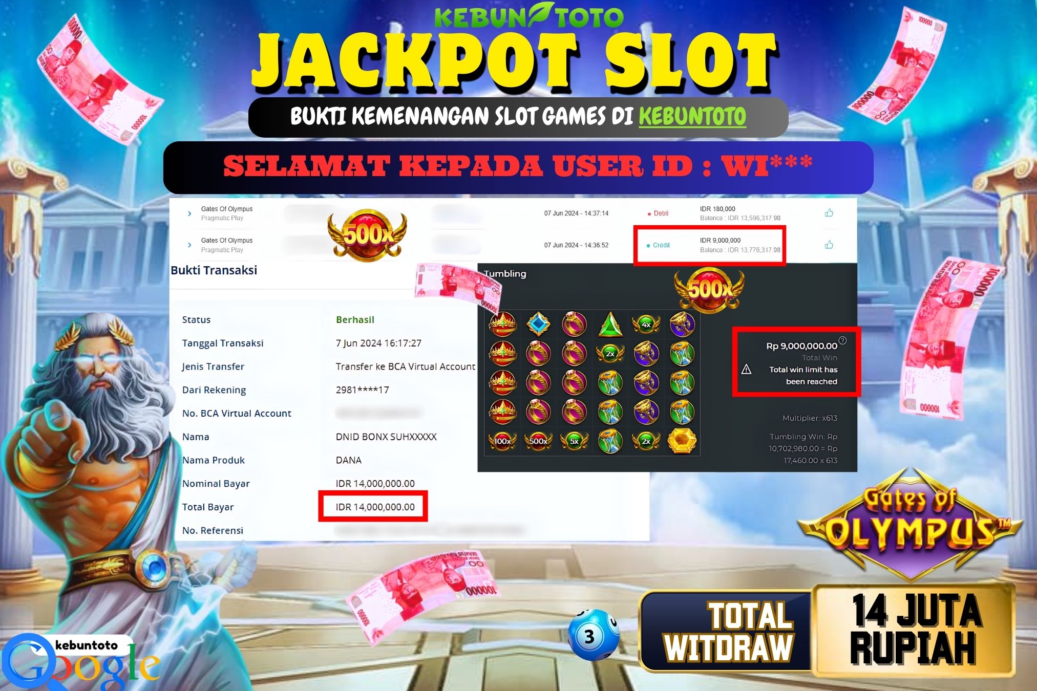 KEBUNTOTO JACKPOT SLOT GATES OF OLYMPUS Rp.14.000.000,- LUNAS