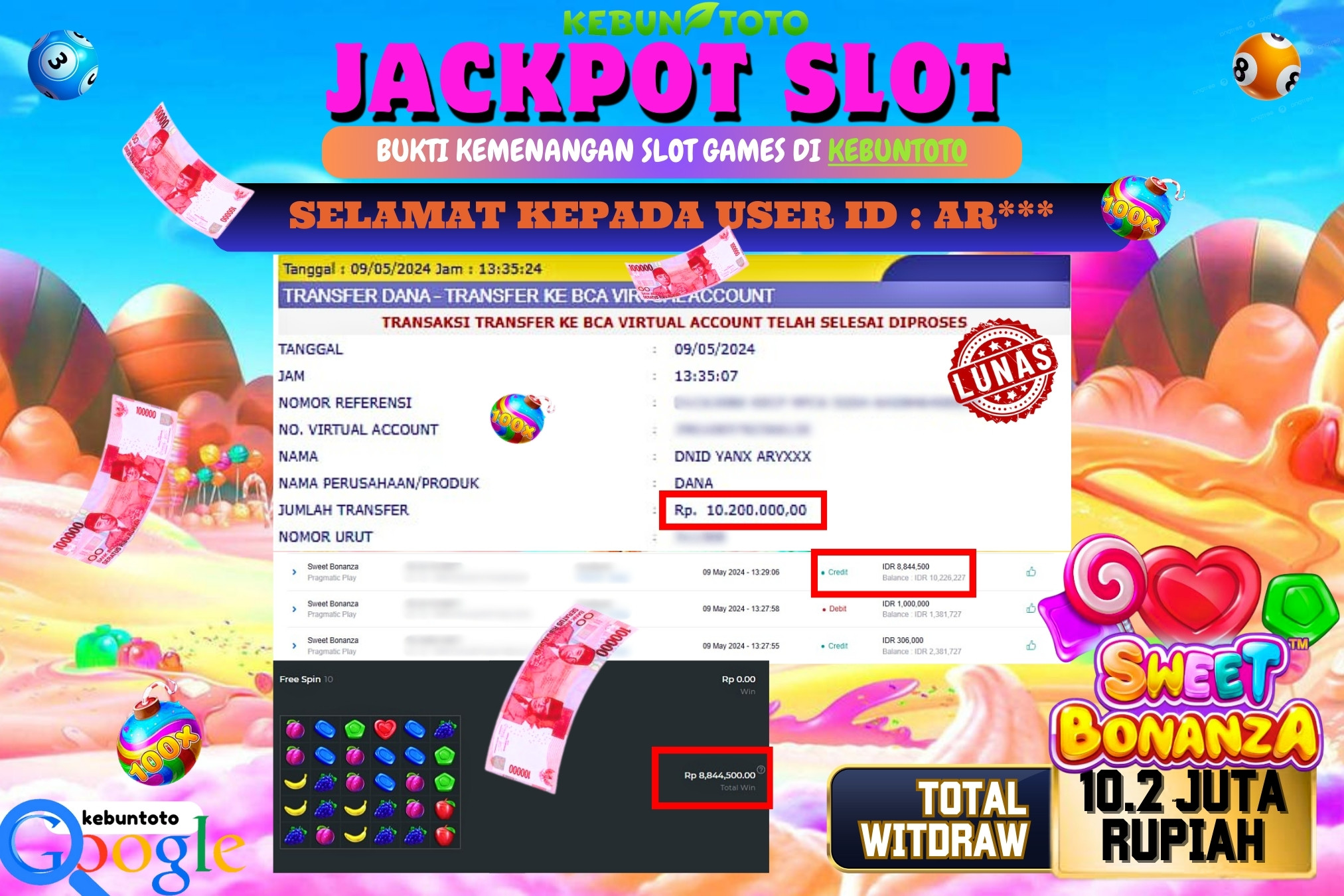 KEBUNTOTO JACKPOT SLOT SWEET BONANZA Rp.10.200.000,- LUNAS