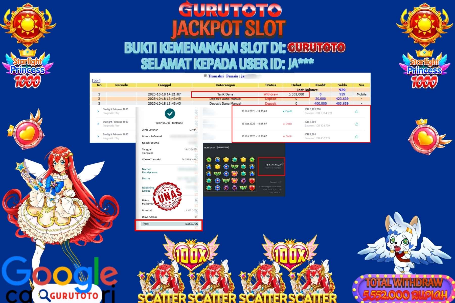 Bukti Kemenangan Rp 5.552.000 SLOT STARLIGHT PRINCESS 1000 di GURUTOTO!