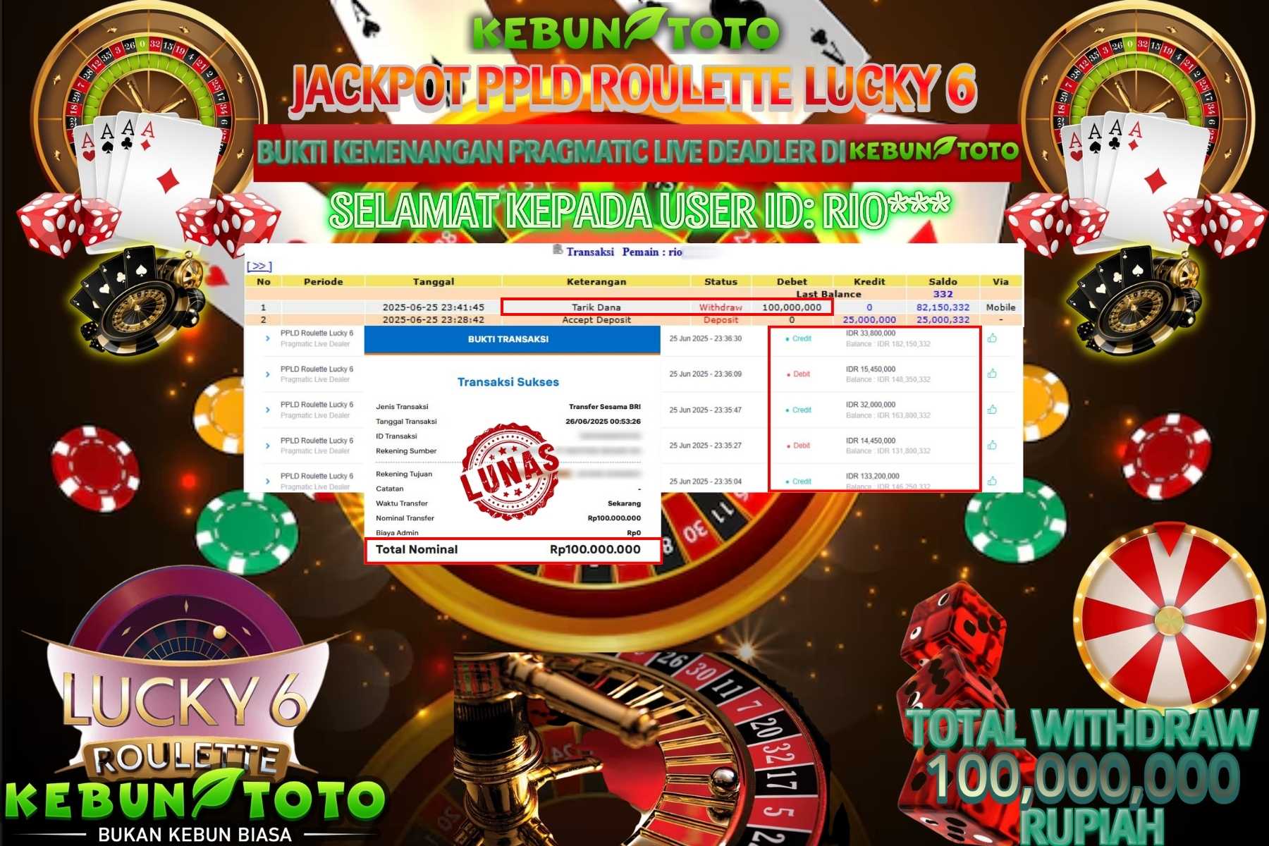 Bukti Kemenangan Rp 100.000.000 CASINO PPLD ROULETTE LUCKY 6 di KEBUNTOTO!