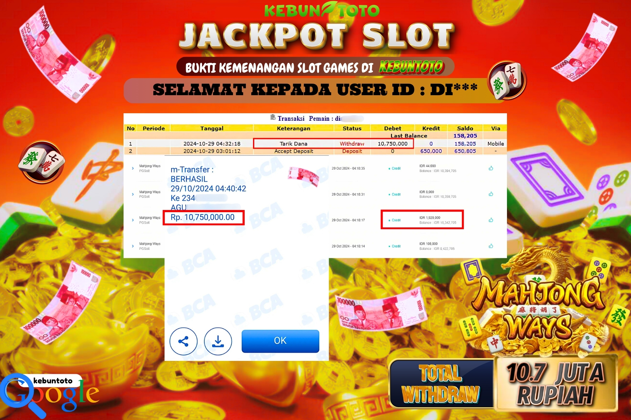 KEBUNTOTO JACKPOT SLOT MAHJONG WAYS Rp.10.750.000,- LUNAS