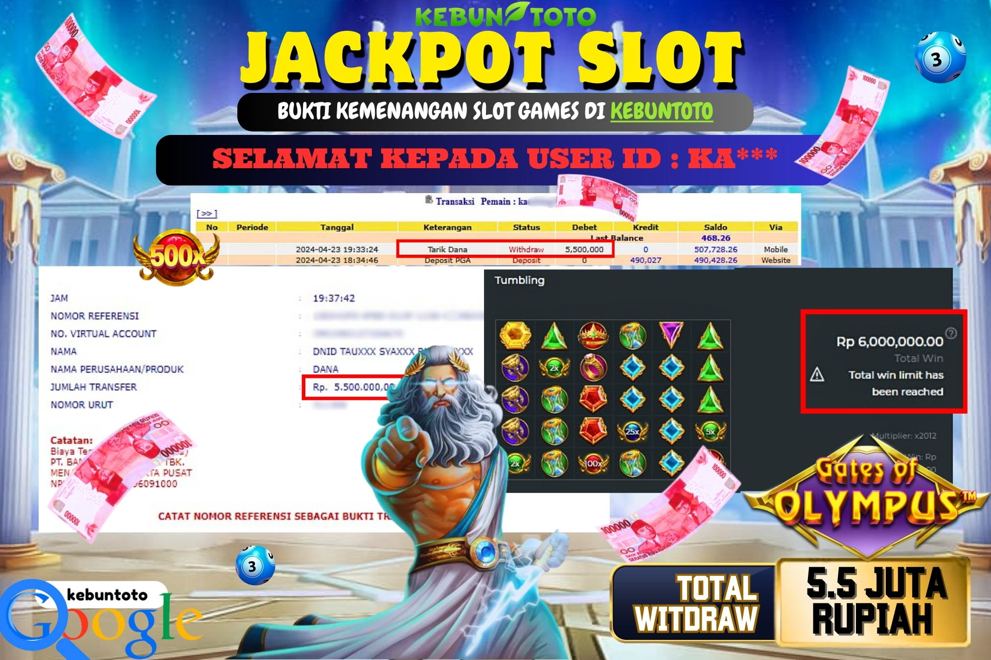 KEBUNTOTO JACKPOT SLOT  GATES OF OLYMPUS Rp.5.500.000,- LUNAS