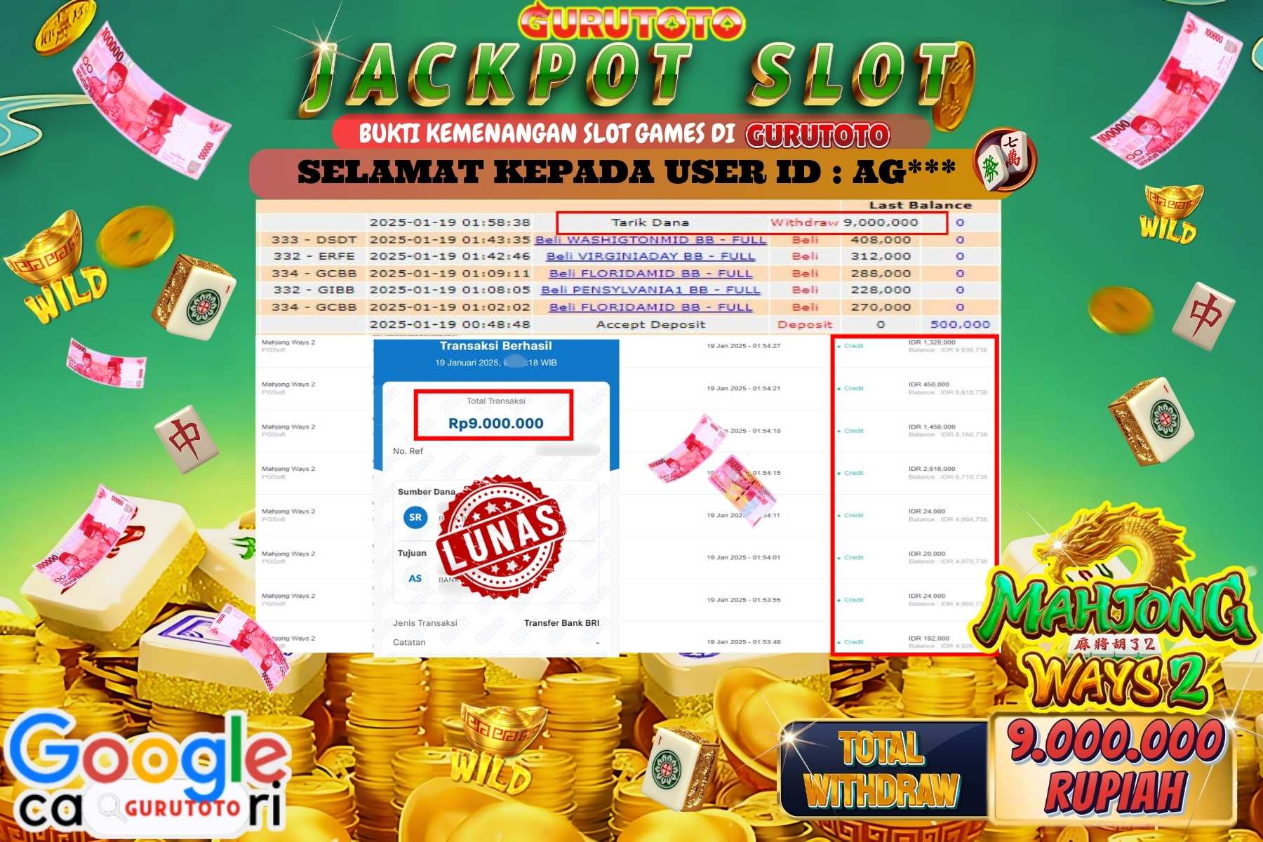 GURUTOTO, JACKPOT SLOT MAHJONG WAYS 2 sebesar Rp 9.000.000,- dibayar lunas.