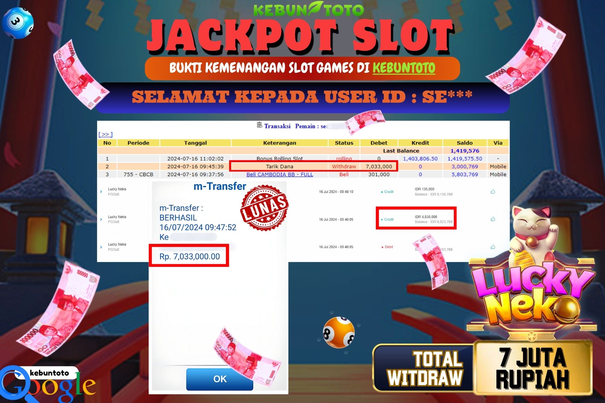 KEBUNTOTO JACKPOT SLOT LUCKY NEKO Rp.7.033.000,- LUNAS