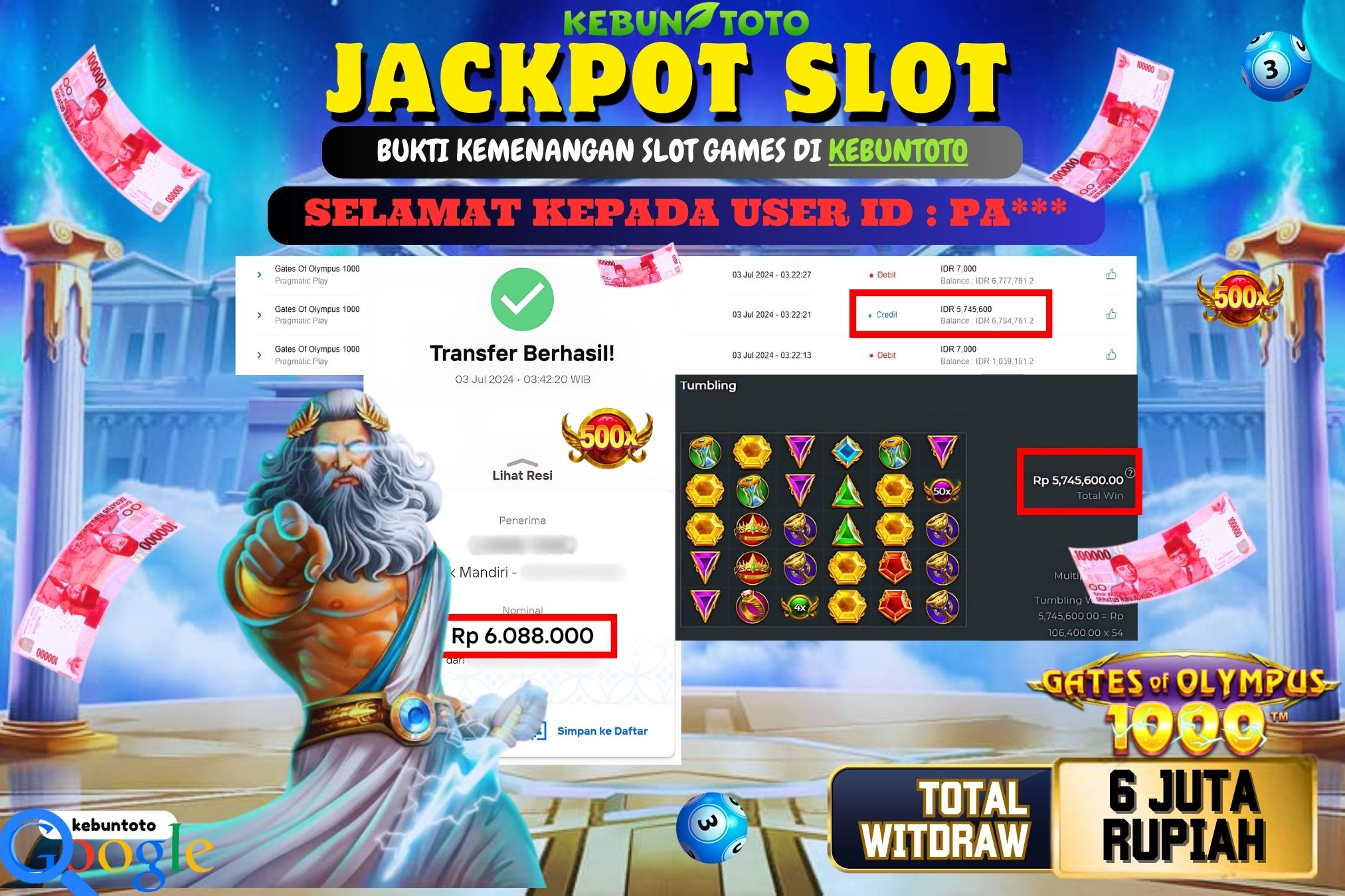 KEBUNTOTO JACKPOT SLOT GATES OF OLYMPUS 1000 Rp.6.088.000,- LUNAS