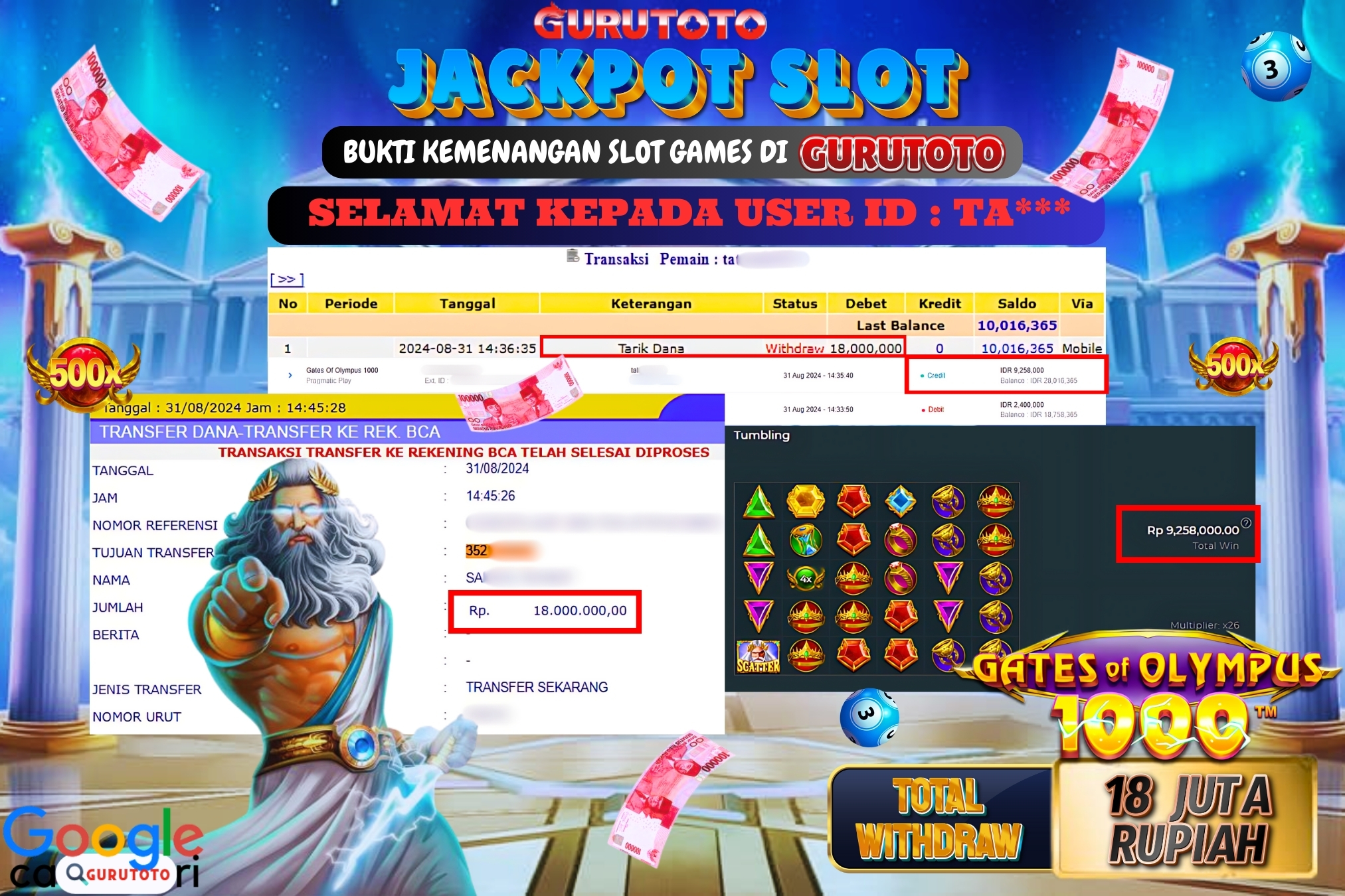 Jackpot Slot Gates of Olympus 1000 di Gurutoto sebesar Rp.18.000.000 dibayar lunas.
